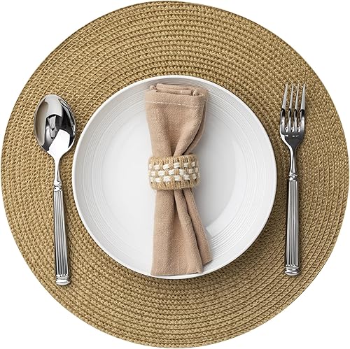 Juego de 8 manteles individuales redondos tejidos de plástico, lavables y lavables para mesa de comedor, resistentes al calor, antideslizantes,