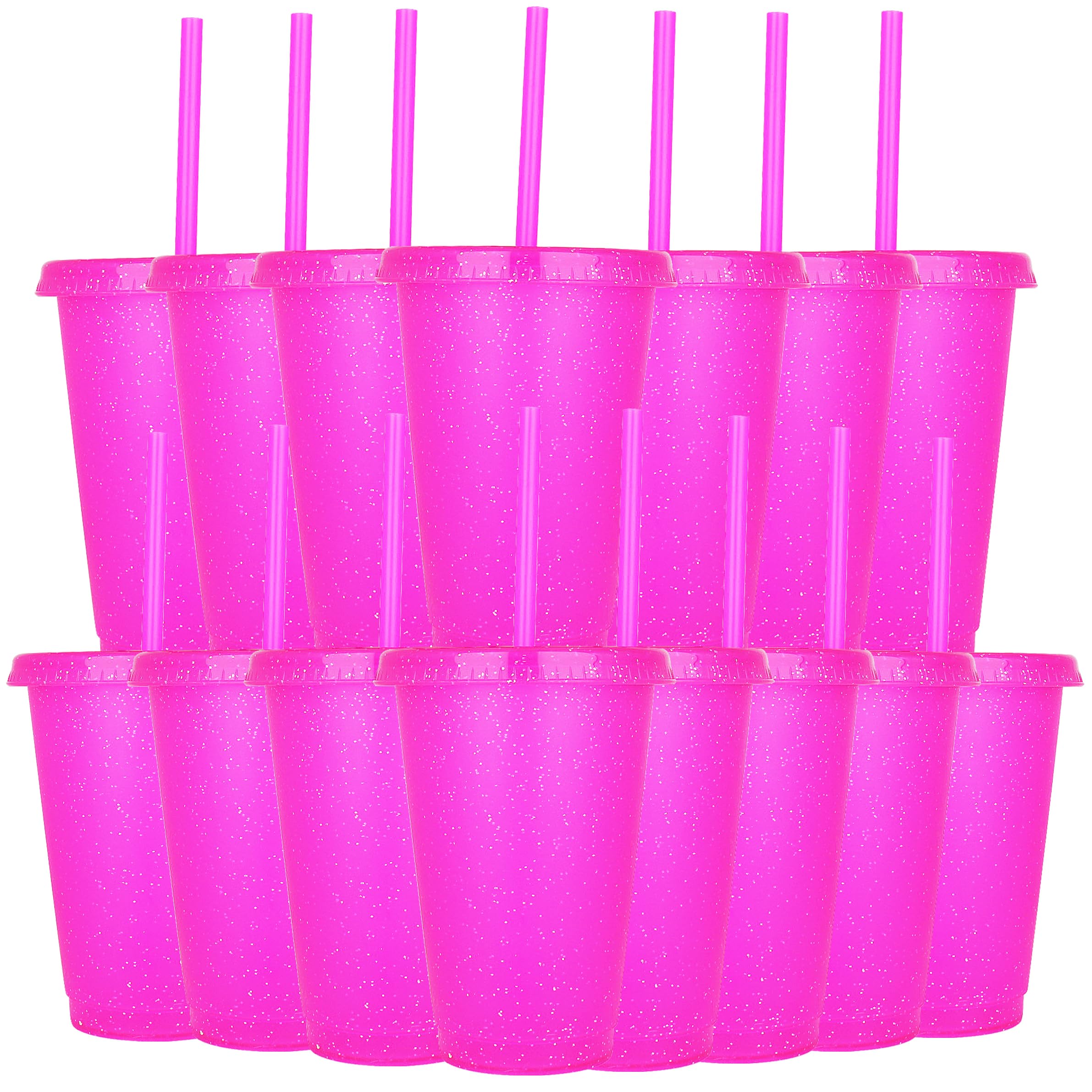 Yisituo 480ml Reusable Plastic Cups, 15 Pack of Kids Tumbler with Lid and Straw, for Cold Drinks Iced Coffee