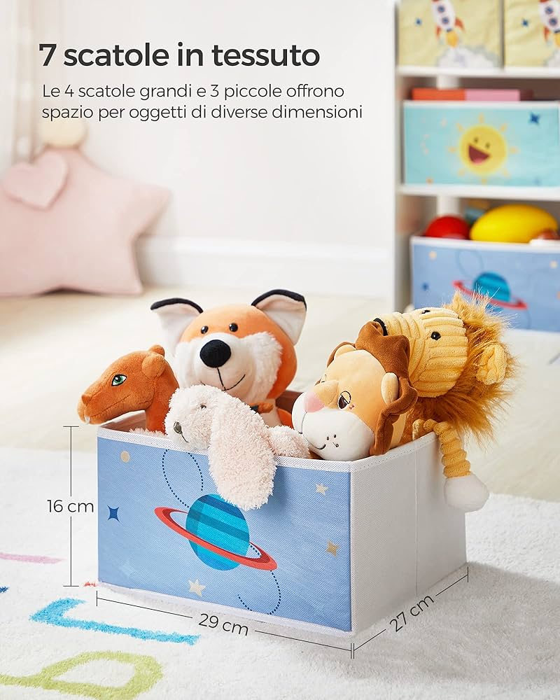 Scaffale Giocattoli In Legno Con 6 Cassetti Tessuto - Organizzatore Camera Bambini, Motivo Dinosauro - Foto 14