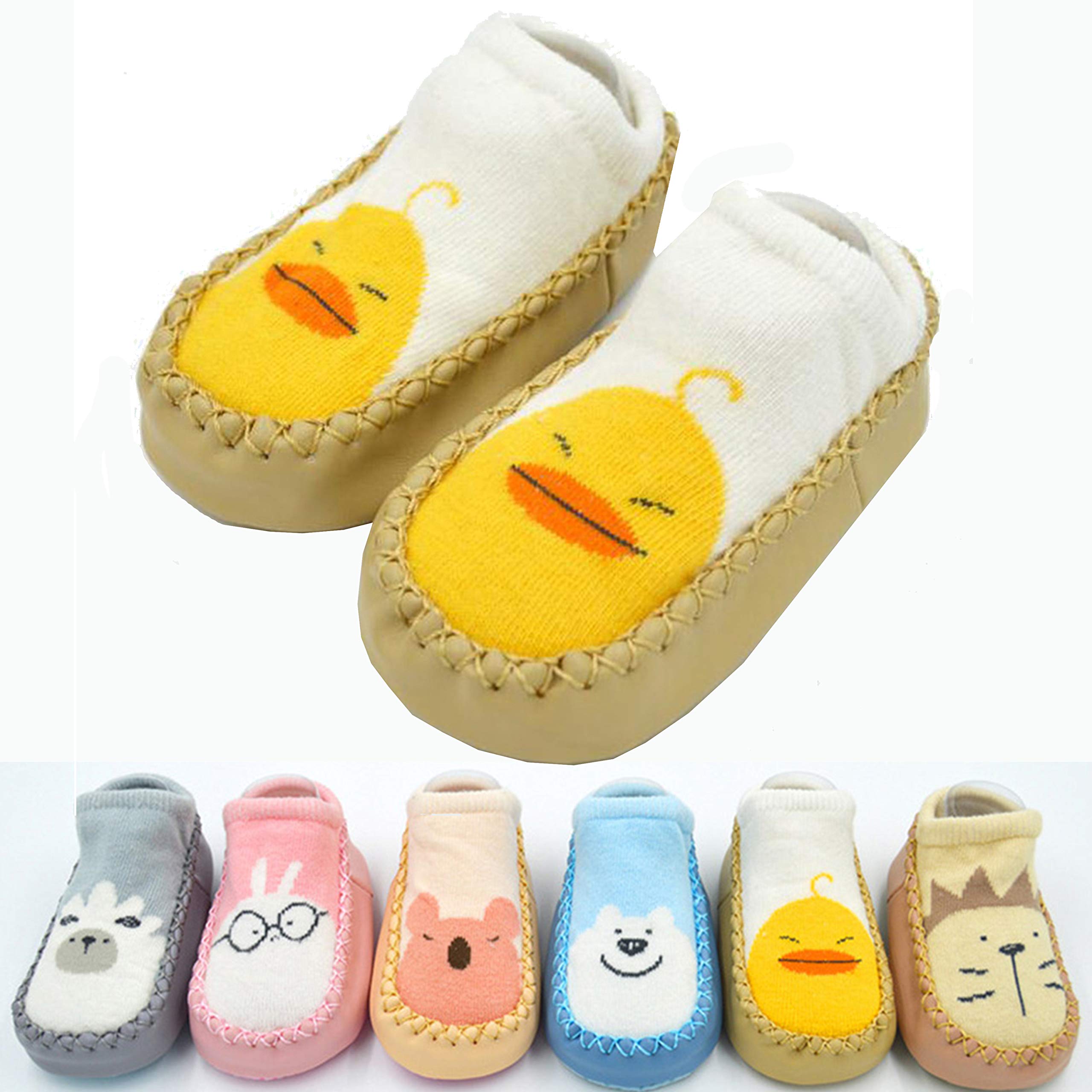 Yellow Duck Baby Girls or Boys Slippers Socks - Stay-on Moccasins Toddler Floor Shoes - First Walker House Shoes - One Size Cute home Knit Socks for baby unisex