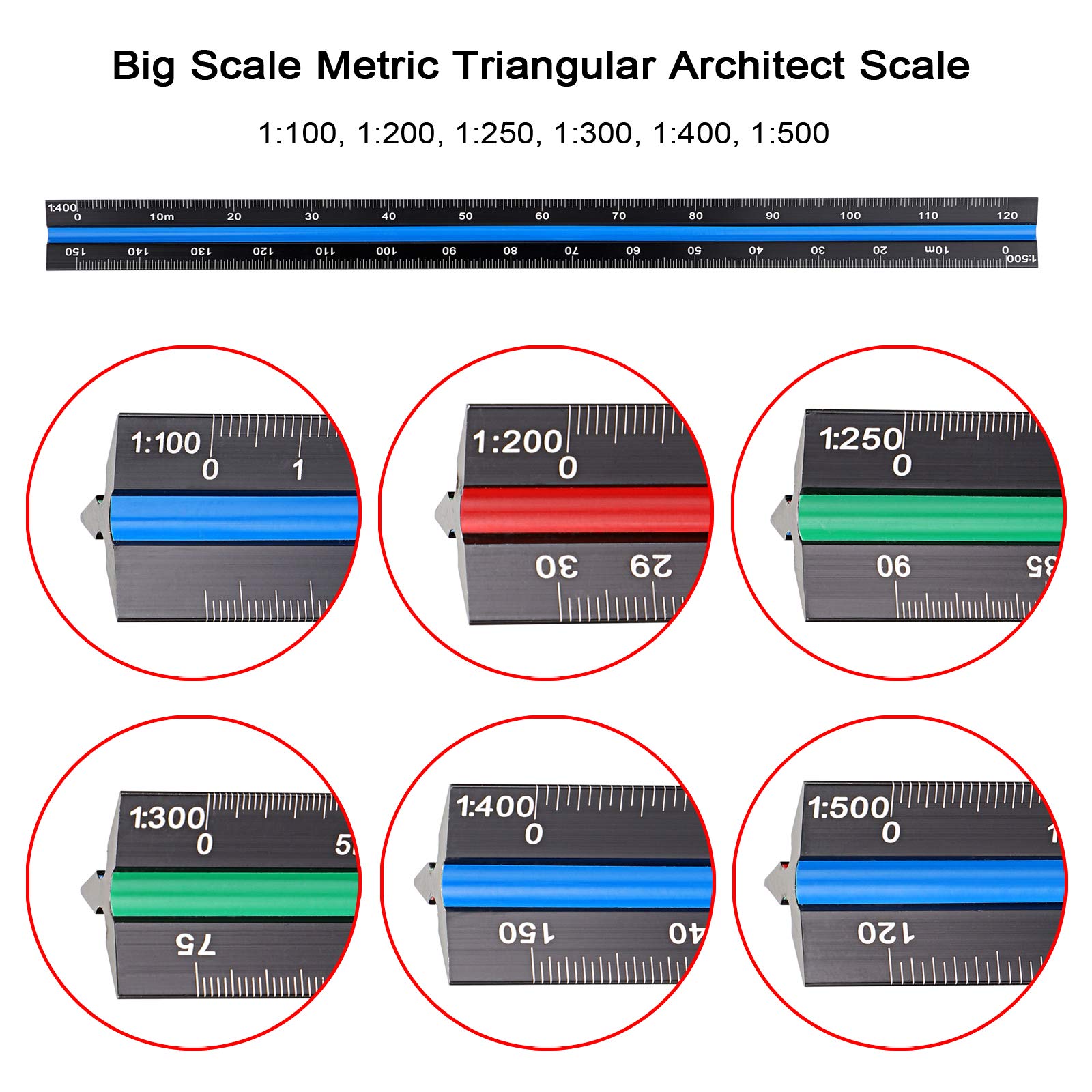 Aluminum Triangular Architect Ruler Laser-Etched Imperial Scales Multicolor  30CM