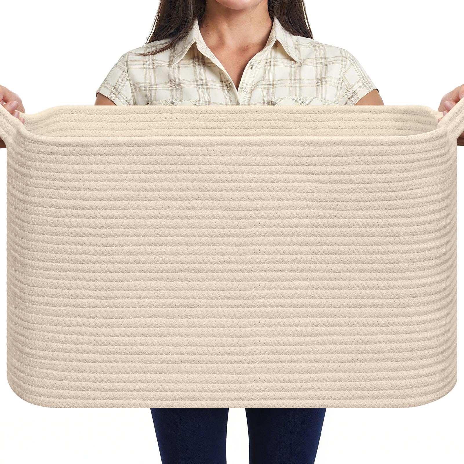 MOLMO Large Woven Storage Basket, 65L Laundry Hamper for Washing, Cotton Rope Bin for Dirty Clothes, Toy Organizer for Kids, Blanket Basket for Living Room(Beige)