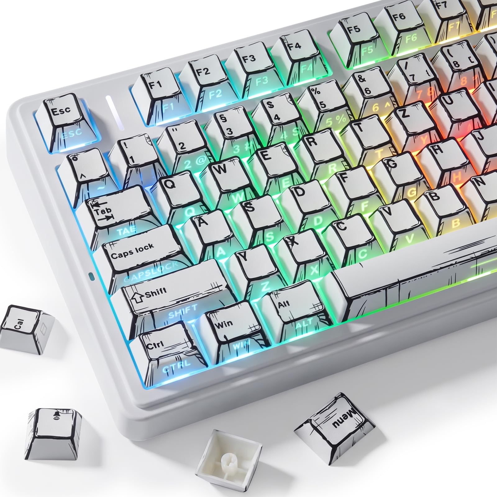 PBT German Keycaps, 128 Keys Manga White Keycap, Retro Style Side Printed Shine Through Dye Sub Keycap for Cherry MX Switch ISO QWERTZ Layout Meccanical Keyboards