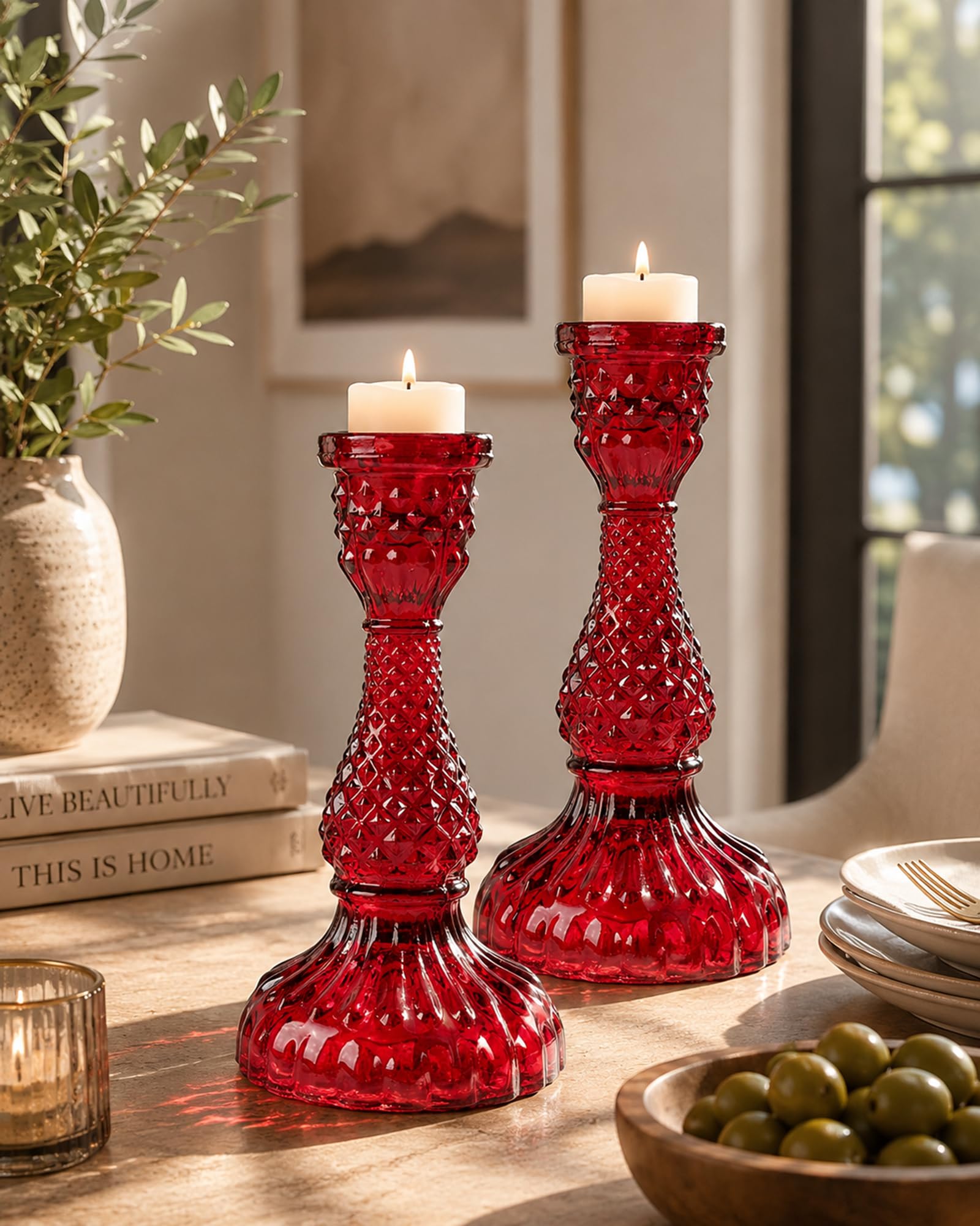 Homesake® Solid Glass Candle Stand Carved Red Set of 2 (Solid (Red Small))-image-18
