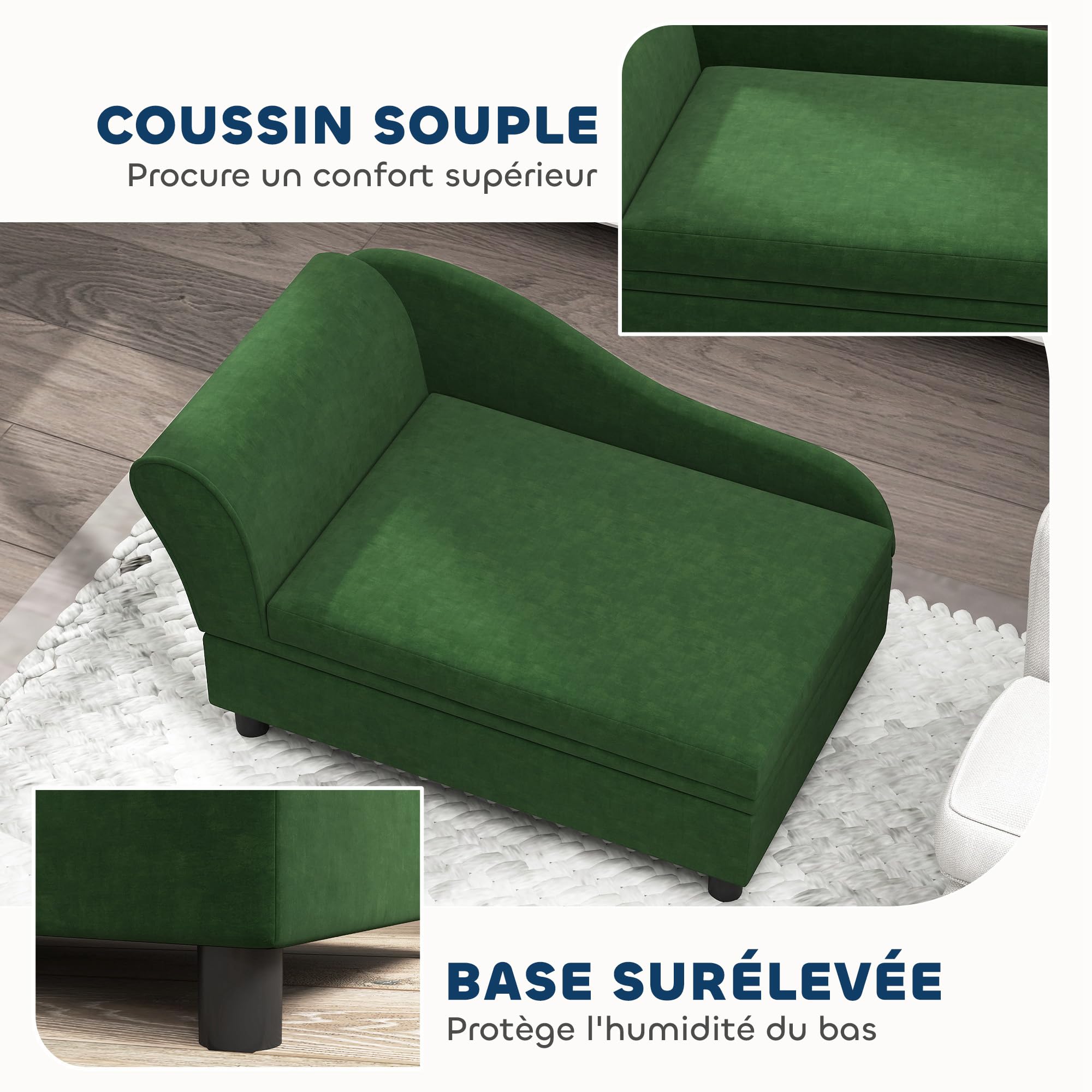 PawHut Canapé Chien Chat sur Pied avec Coffre de Rangement Style Moderne Coussin d'assise Amovible Grand Confort 76 x 45 x 43 cm Vert