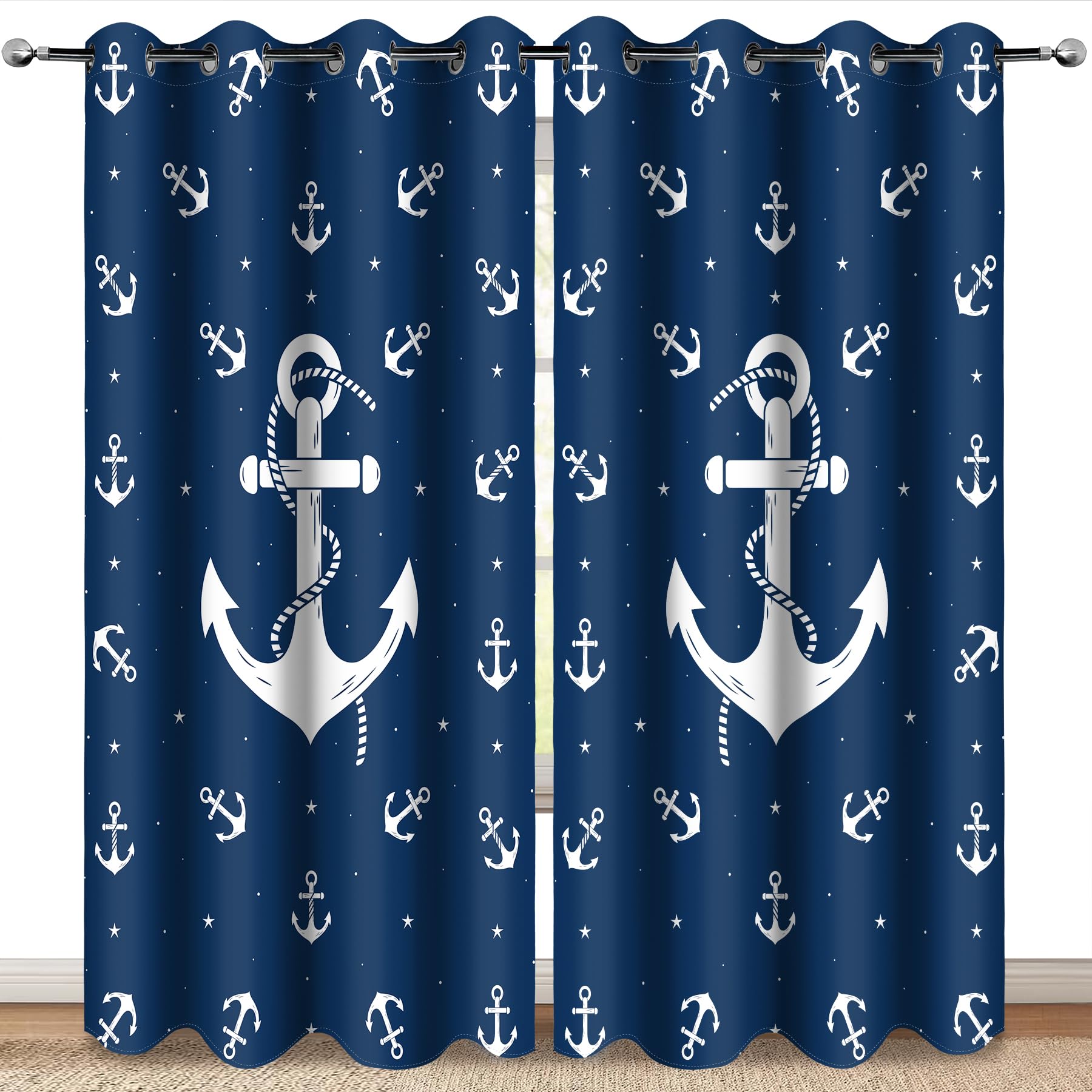 MissHope Nautical Anchor Blackout Curtains Ocean Beach Coastal Beach Theme Home Decoration Sailing Ship Boat Decor Bedroom Living Room Classroom Navy