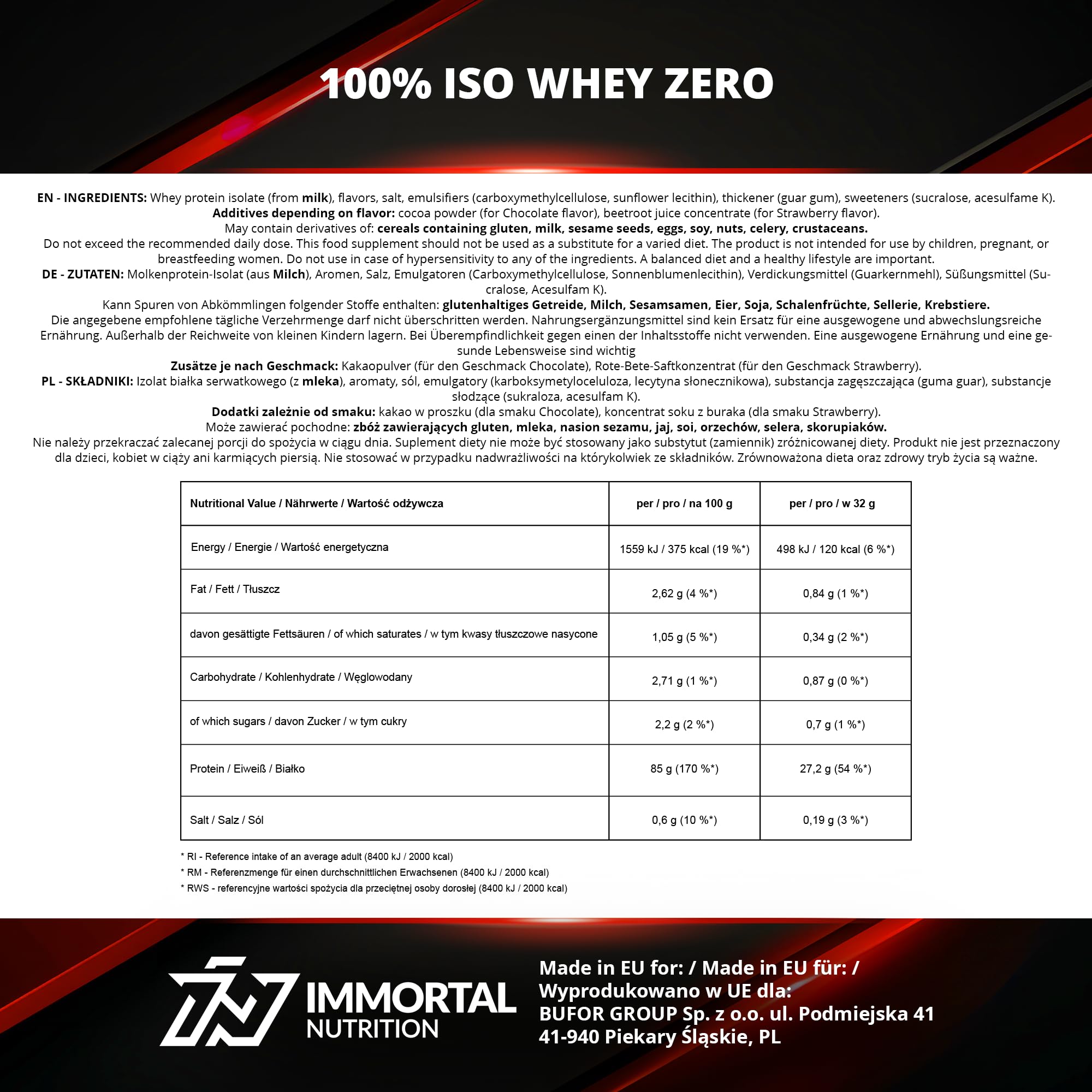 IMMORTAL NUTRITION 100% ISO Whey Zero Izolat Białka Serwatkowego - Izolat w proszku z 27,2 g białka na porcję - 85% zawartości białka - Niska zawartość cukru i tłuszczu (2 kg, Wanilia)