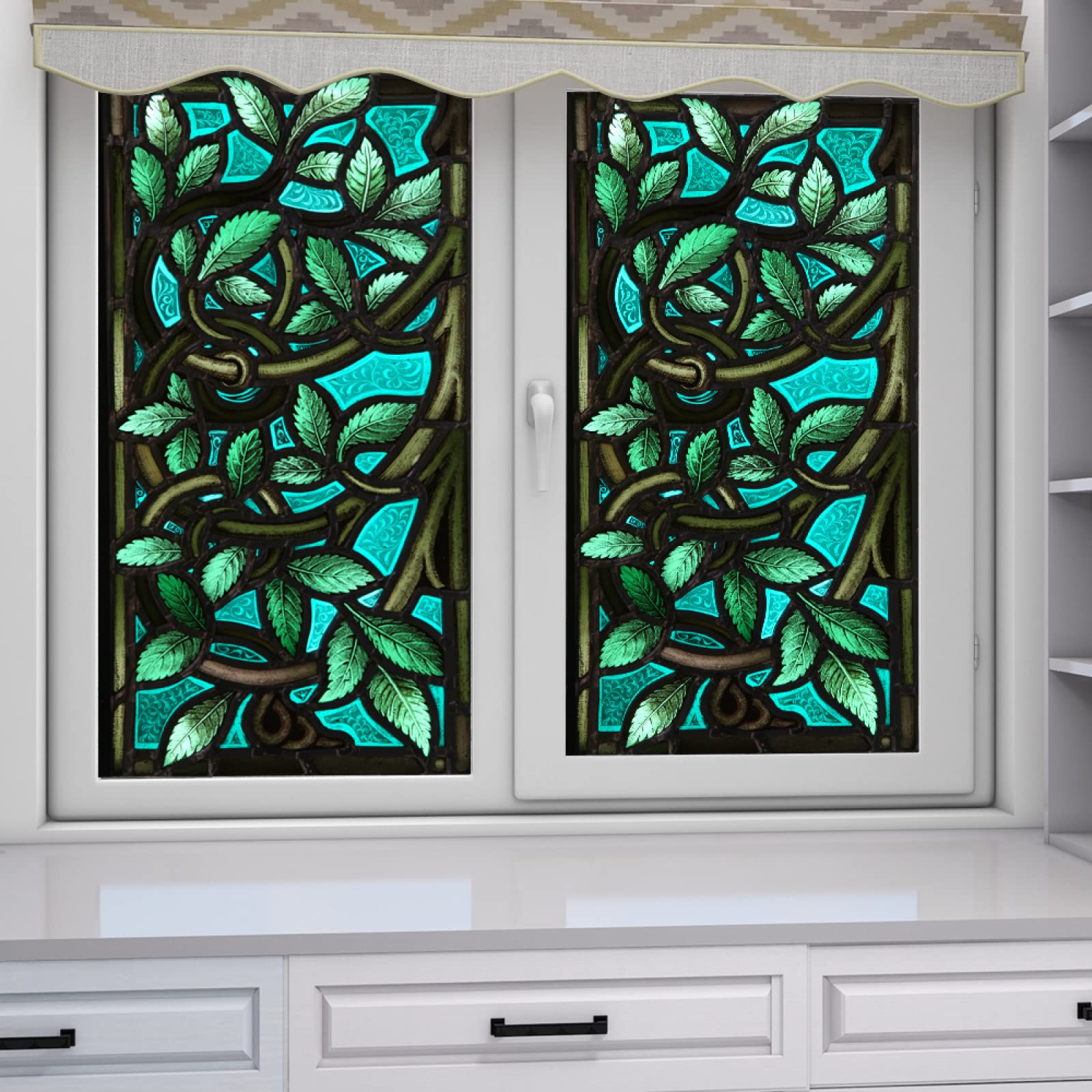 Fensterfolie Blickdicht Sichtschutzfolie, Sichtschutzfolie für Fenster im Vintage-Stil, Pfauenblau – dekorative Selbstklebende Lösung
