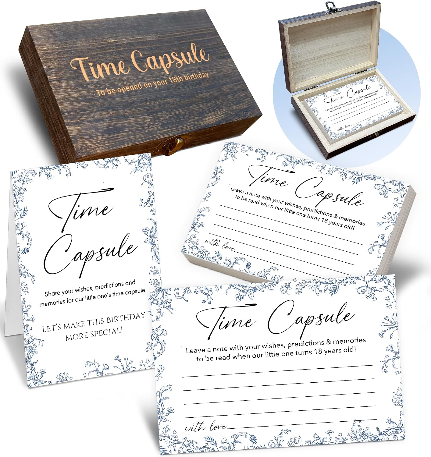 Baby Time Capsule Box for 1st Birthday – Set of 50 Wishes Cards & Keepsake Gift Box – First Birthday Party Games & Decorations (Fairy Garden Design) -A03