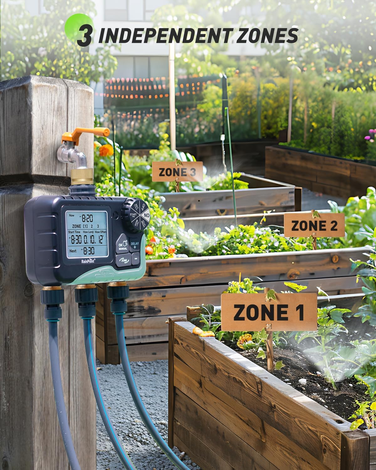 RAINPOINT Bewässerungscomputer 3 Ausgänge, Messing-Einlass und -Auslass, Großes LCD-Display Bewässerungsuhr, Garten Automatische bewässerungssystem mit Regenverzögertem/Manuellem/Automatischem Modus