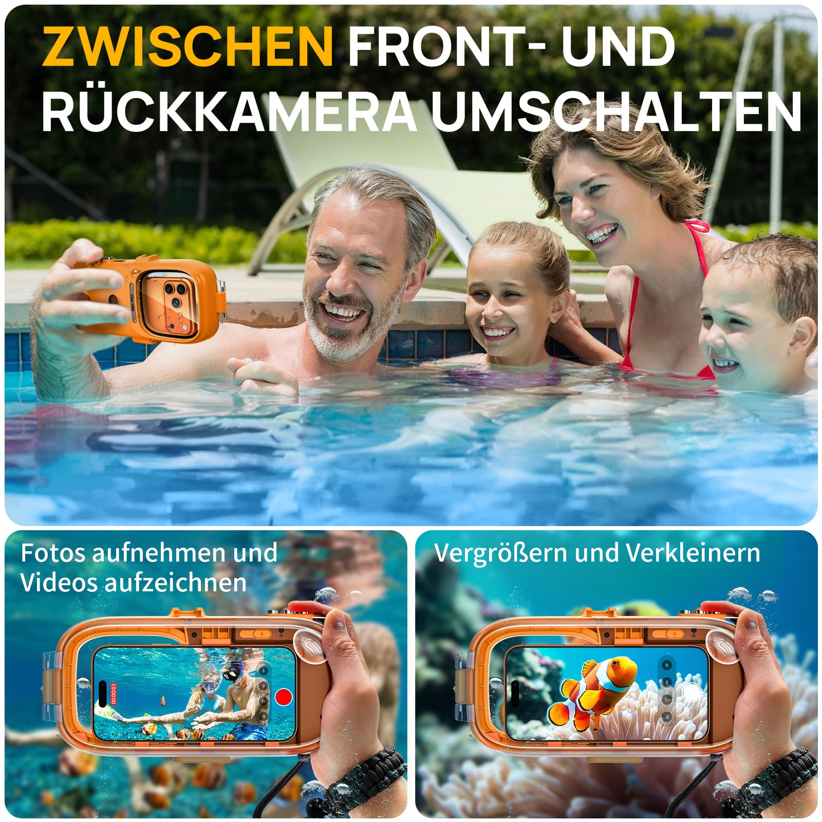 Lanhiem wasserdichte Handyhülle 15M Universelle IPX8 Tauchen Professionelle, kompatibel mit Bluetooth, Unterwasser Hülle für iPhone Samsung XiaoMi Redmi Google und Smartphones 4,7–6,9 Zoll, Orange