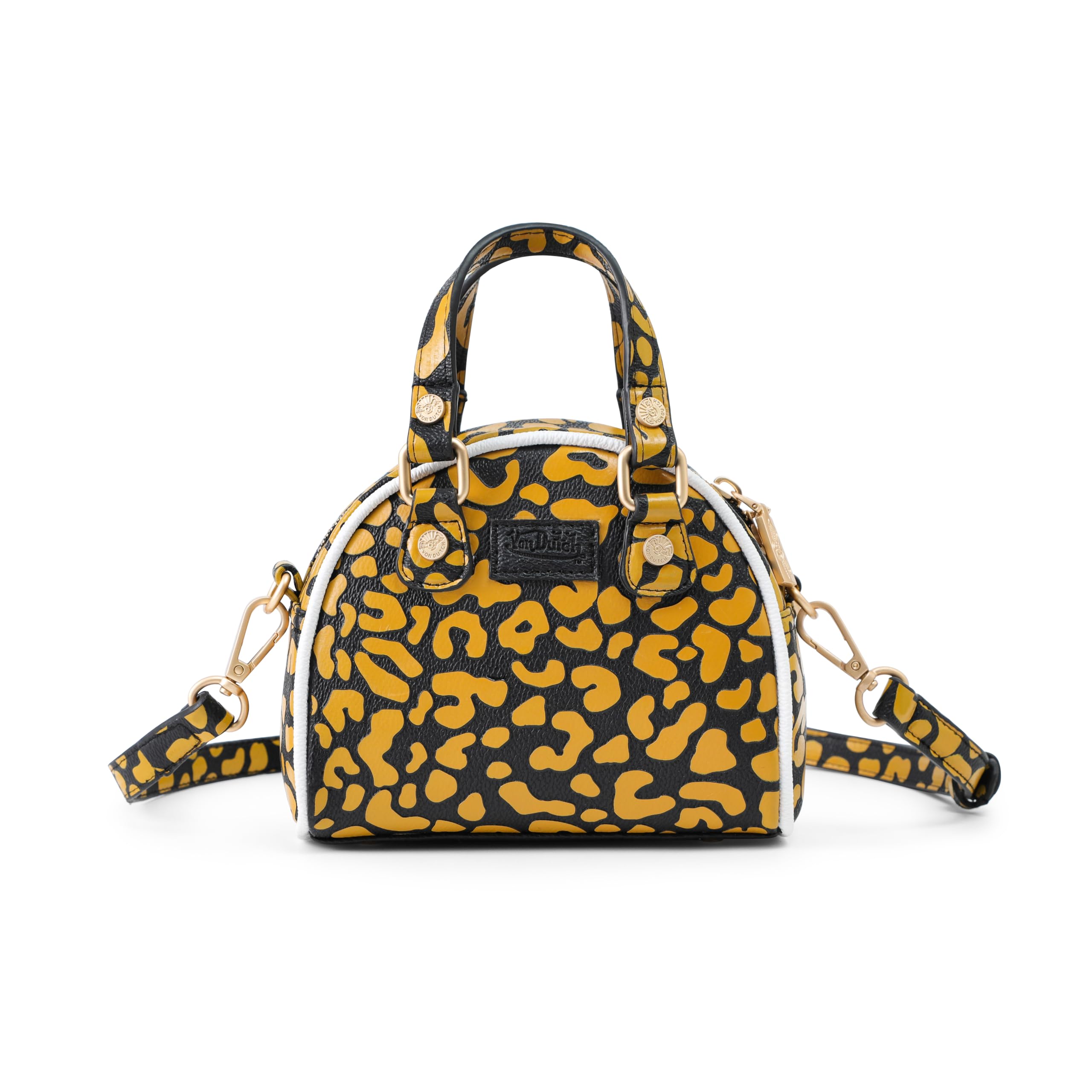 Von Dutch Mini Bowling Bag Cheetah Print | 6.8” Vegan Leather Crossbody with Logo Hardware, Top Handles & Zipper Pouch, Cheetah Grey