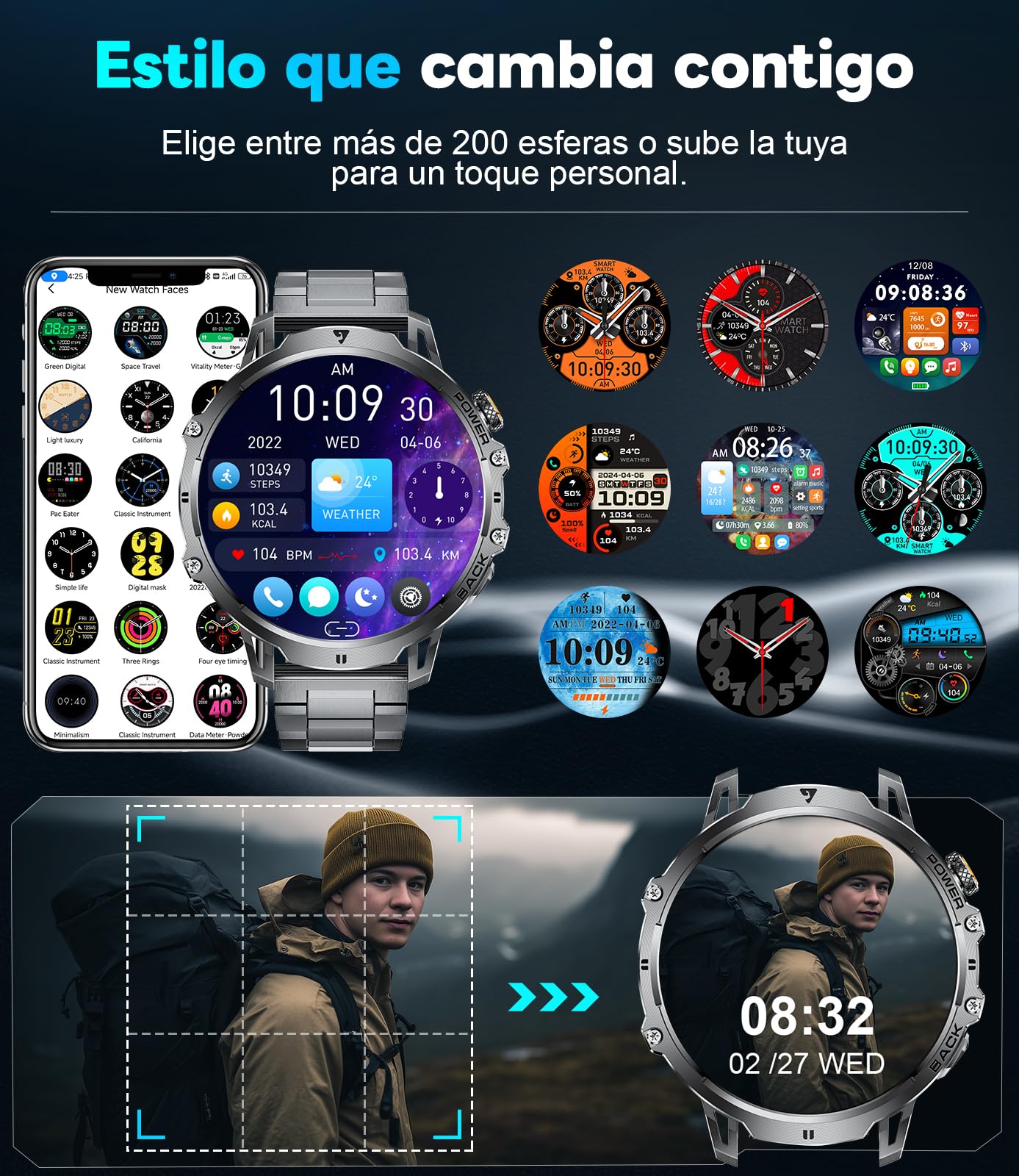 Reloj Inteligente Hombre 1000 mAh Batería/1.85'' HD Grande Smartwatch con Llamadas/Linterna/100+ Modos Deportivos,IP68 Impermeable Fitness Watch con Ritmo Cardíaco,Monitor de Sueño para Android iOS