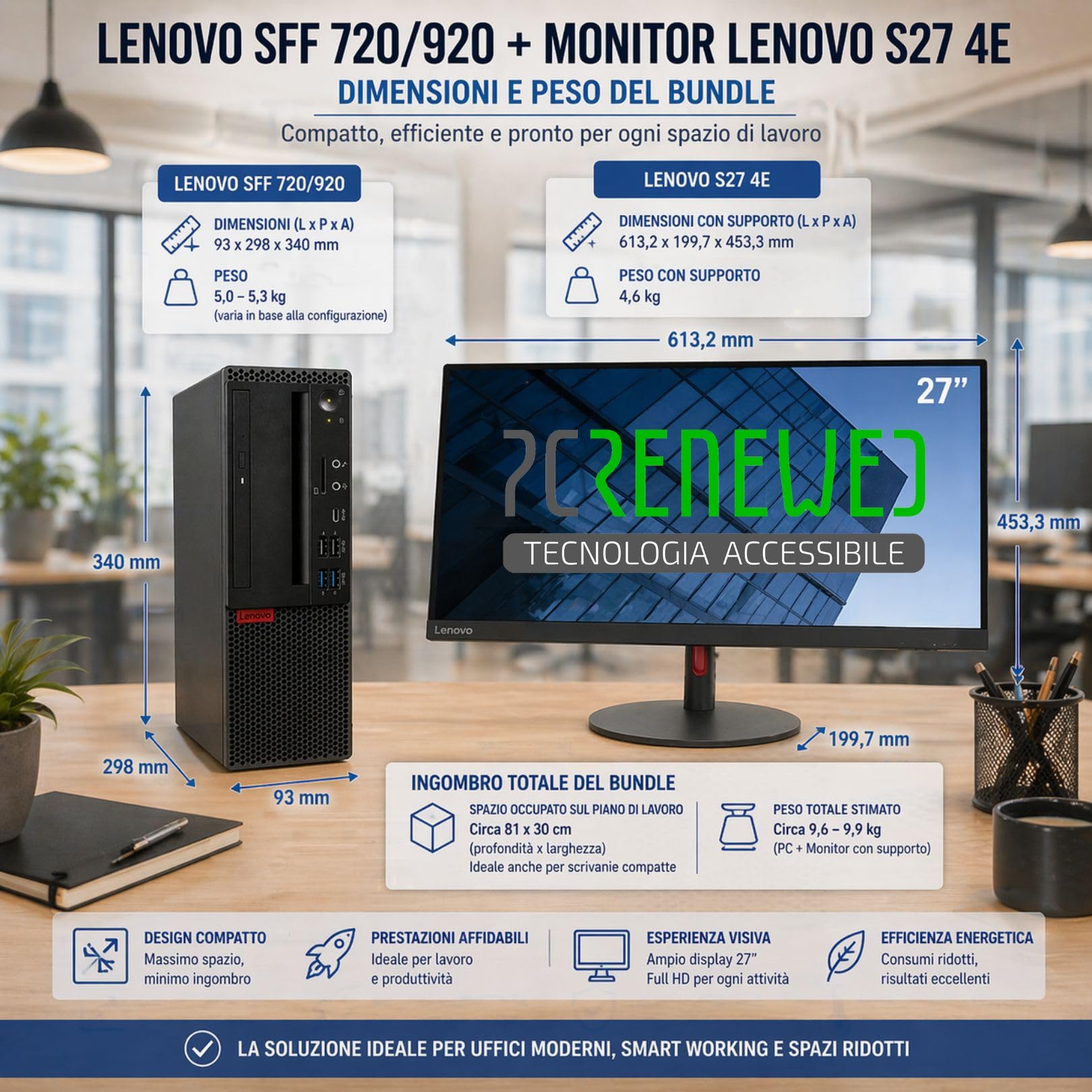 Lenovo PC Fisso Completo SFF i5-9500 16GB RAM 512GB SSD + Monitor 27" Full HD NUOVO | Windows 11 Pro + Office 2021 | WiFi | Desktop Ufficio Casa Pronto all’Uso (Ricondizionato + Nuovo) (PC+Minitor)