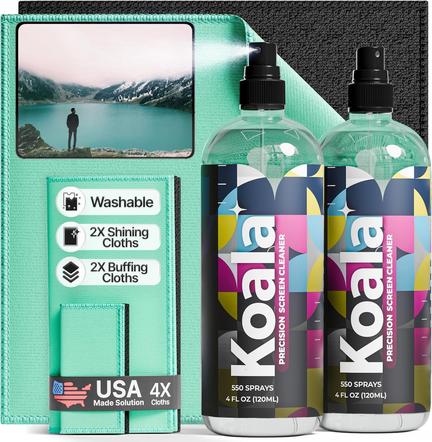 Screen Cleaner Spray Kit | (2X) 4oz Sprayer Bottles + (4X) Microfiber Cleaning Cloth | Smart Phone, Laptop, iPhone, MacBook, Computer Monitor, TV, Tesla, Touchscreen, Electronic Device Cleaner