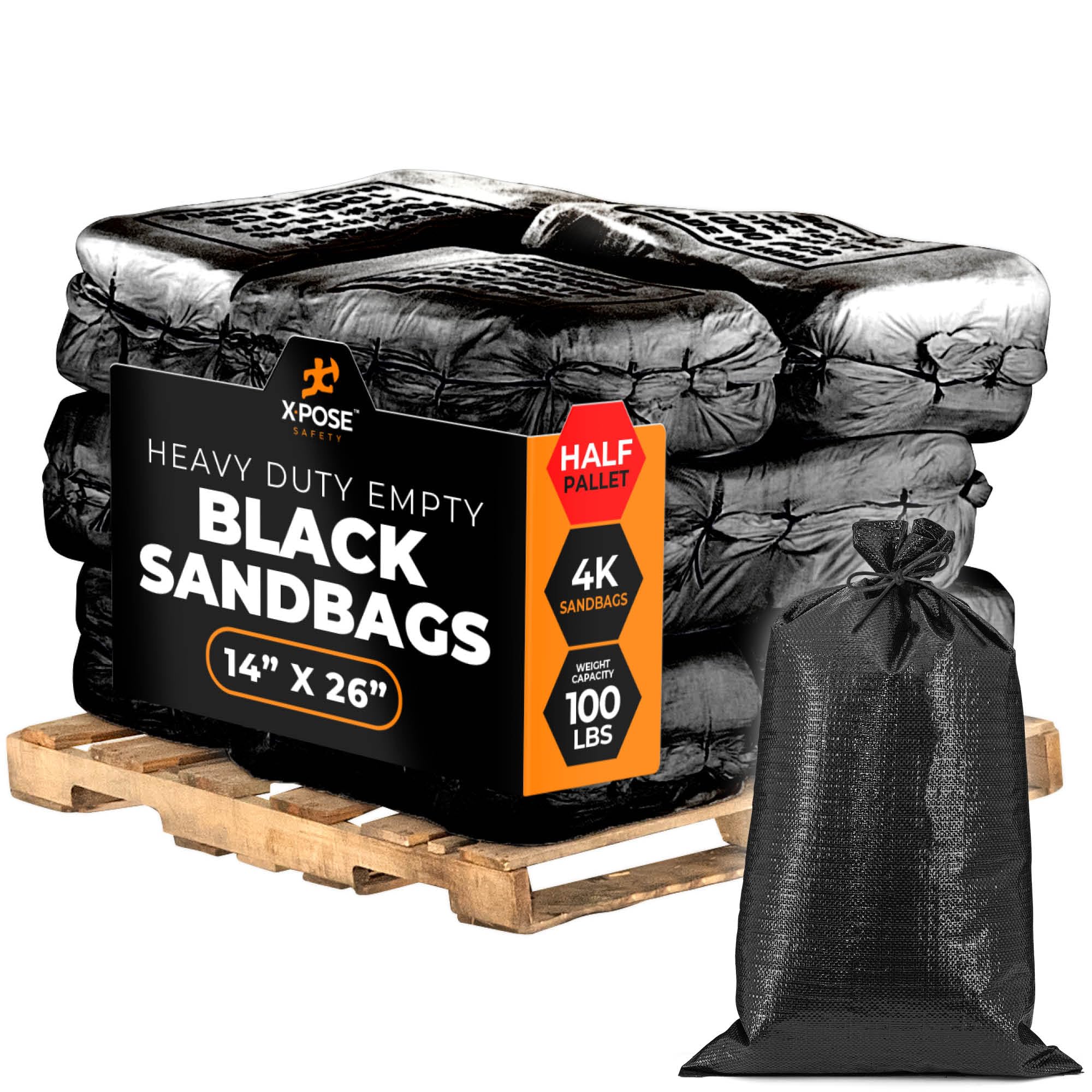 Xpose Safety Heavy Duty Sand Bags with Tie Strings – Empty Woven Polypropylene Sandbags for Hurricane Flood Protection, 100 lb Capacity, 14" x 26", Black, Bulk Half Pallet Pack of 4000