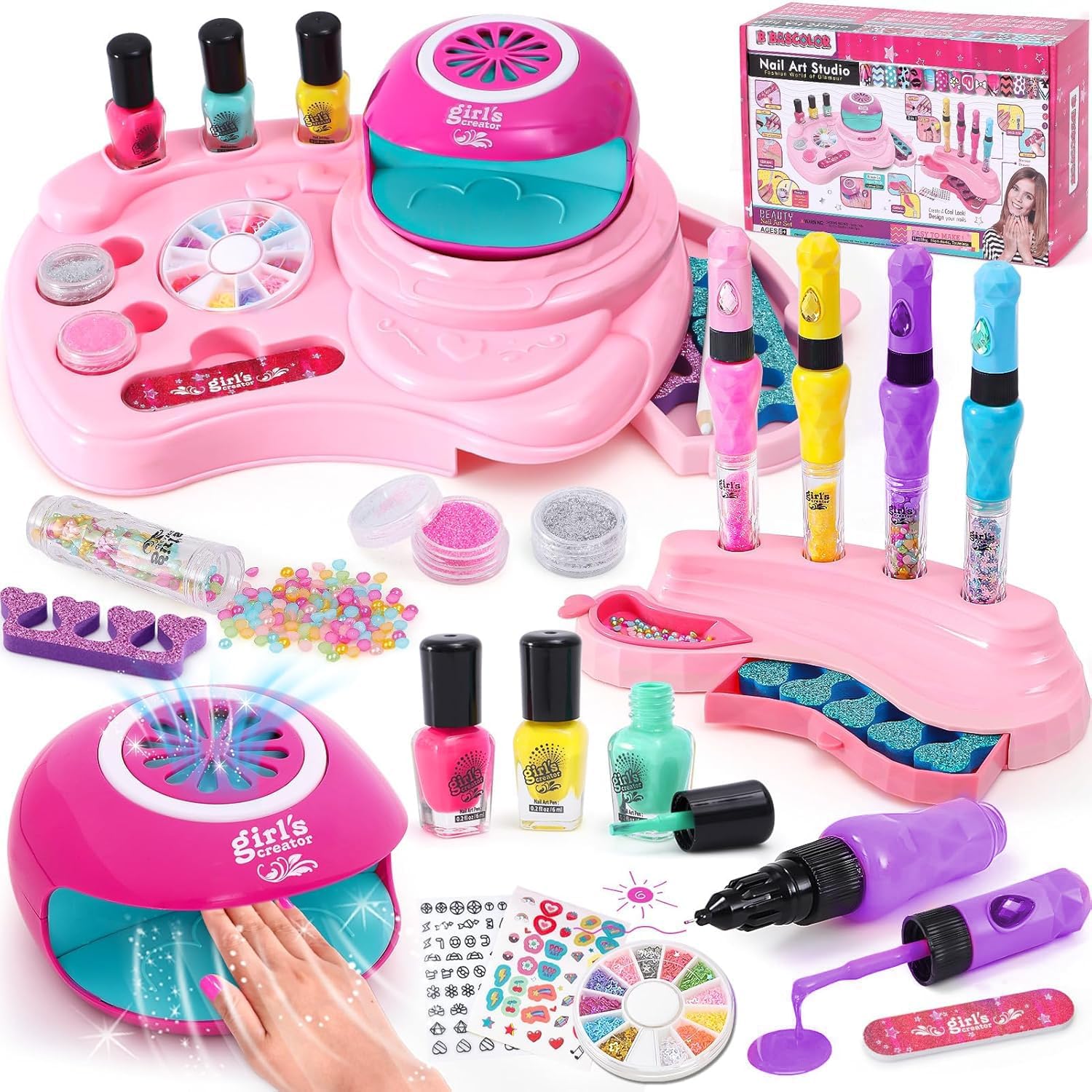 Kids Nail Polish Set for Girls Toy, 4 Nail Draw Pen/Nail Dryer/3 Nail Polish/2 Storage Base/Sticker/Powder Decor, Birthday Gift for Girls 4 5 6 7 8 9 10 11 12 13 Year Old Salon Art Nail Kit
