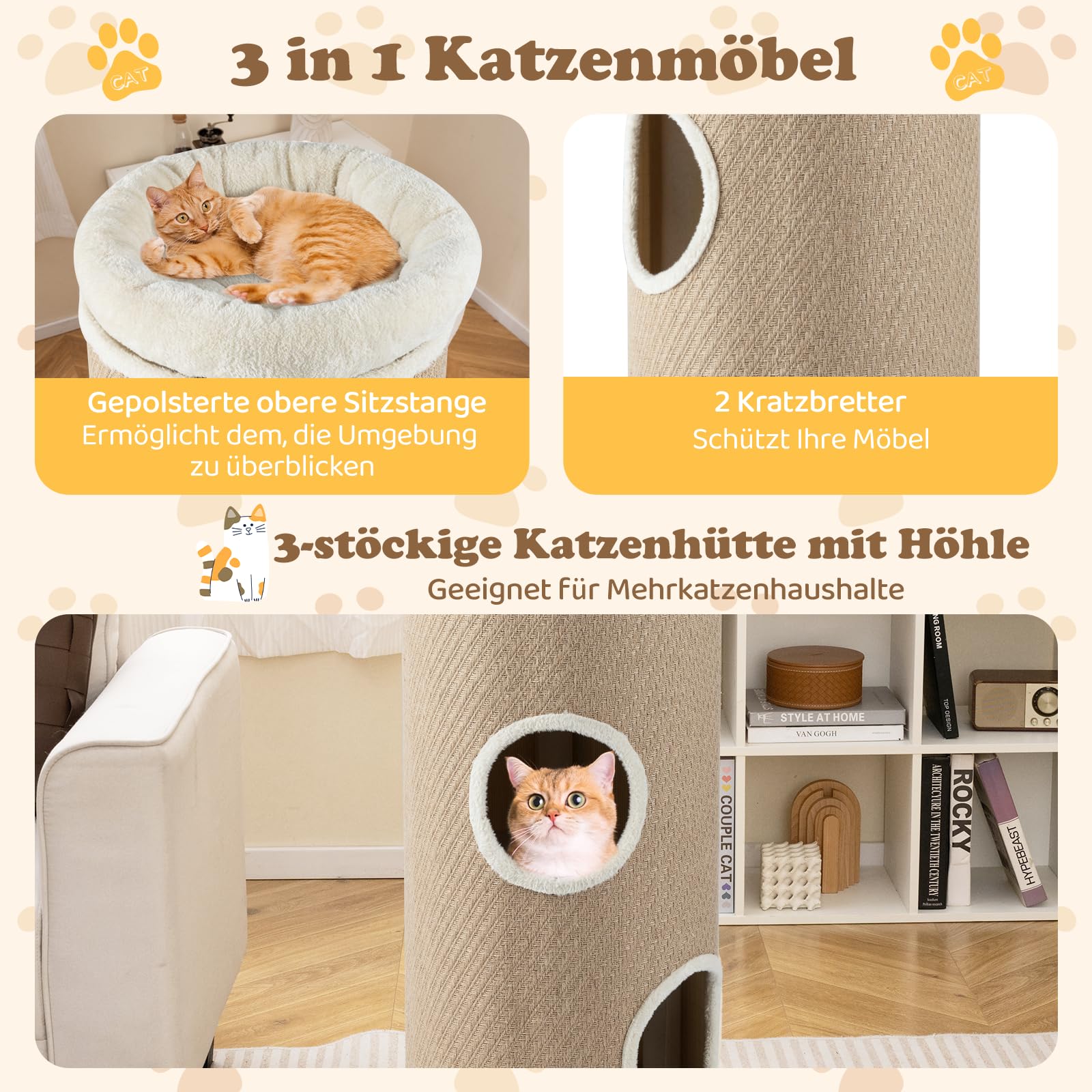 GYMAX Cueva para Gatos de 3 Pisos, Barril Rascador para Gatos con Mirador Acolchado Superior, Pared de Bambú y Tejido Transpirable, 2 Tablas de Rascado de Sisal y 3 Entradas (Beige)