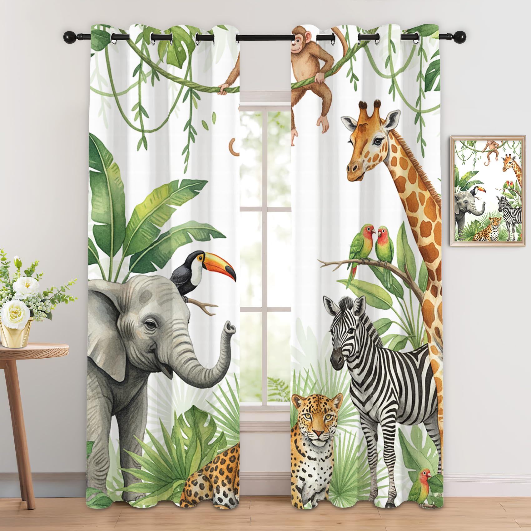 Rideau Occultant Thermiques Animaux de La Jungle Enfant - Lot de 2 Rideaux Imprimé pour Salon Chambre Fenetre Cuisine, Rideaux et Draperies Intérieurs à Oeillets, 140x200 cm (LxH)