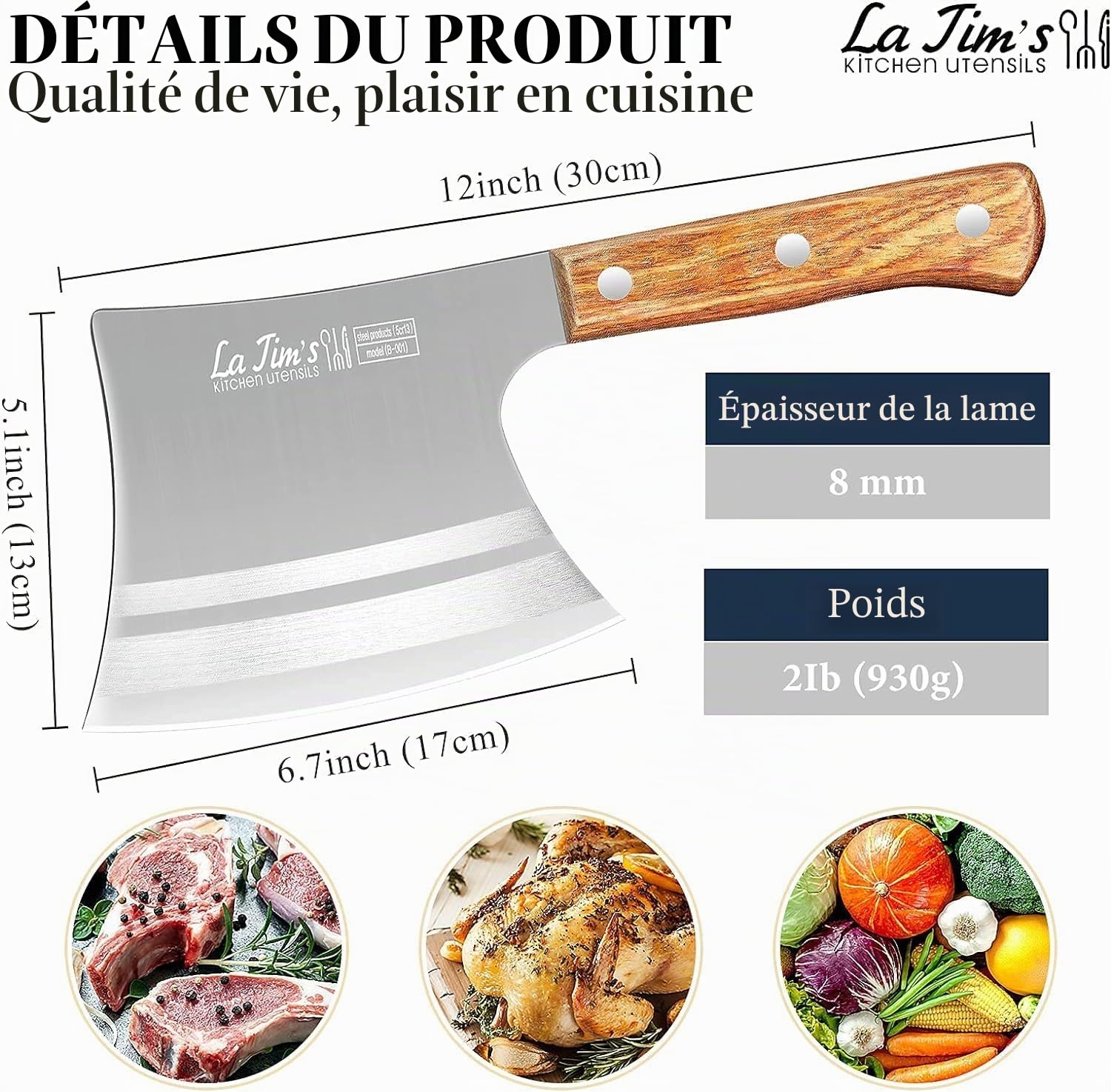 Couperet 0,9 KG Couteau de Boucher Inoxydable Manche Bois Massif