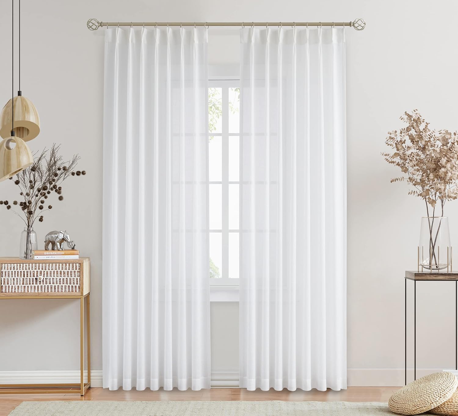 Central Park White Pinch Pleat Sheer Curtain 108 Inches Extra Long Textured Farmhouse Window Treatment Drapery Sets for Living Room Bedroom, 40"x108"x2