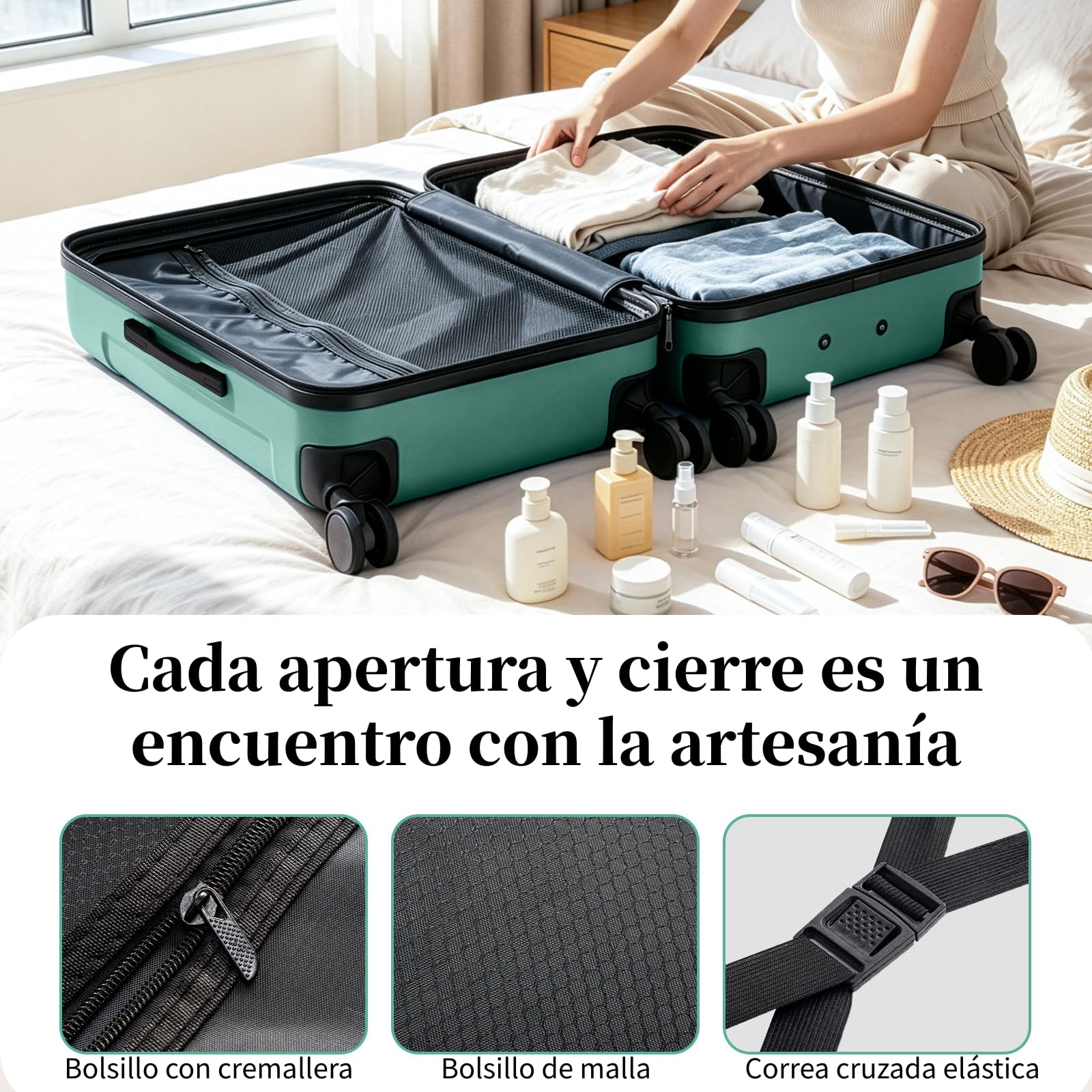 LEADZM Juego de Maletas de 5 Piezas con Neceser (Turquesa) | Maletas de Viaje Grandes 23 Kilos, Maleta Cabina con Refuerzos de Esquina, Mediana, Maleta de Viaje