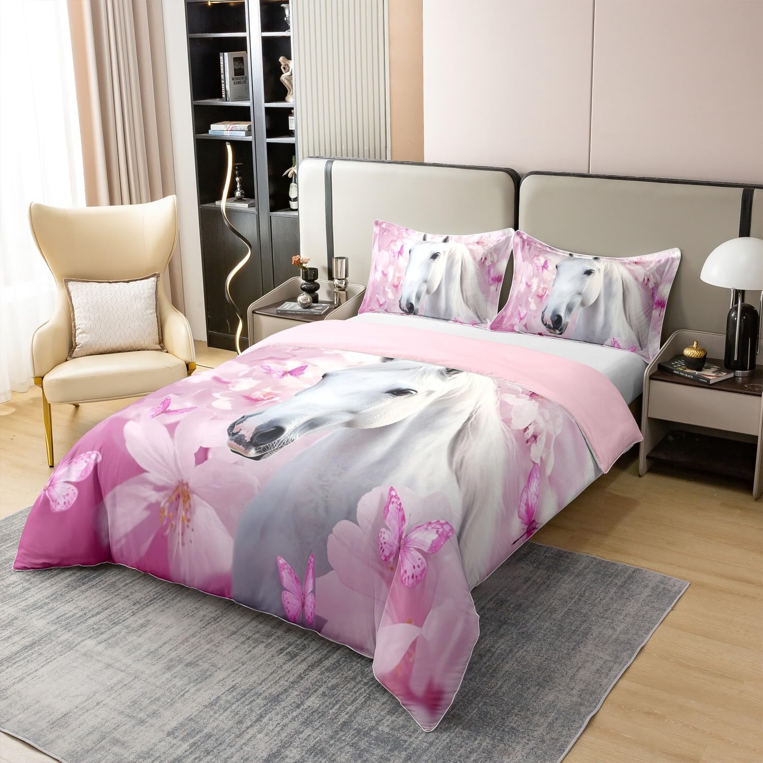 Loussiesd Juego de ropa de cama de 100% algodón, 155 x 220 cm, diseño de mariposas, juego de funda nórdica con estampado de caballos, juego de ropa de cama de princesa con diseño de animales