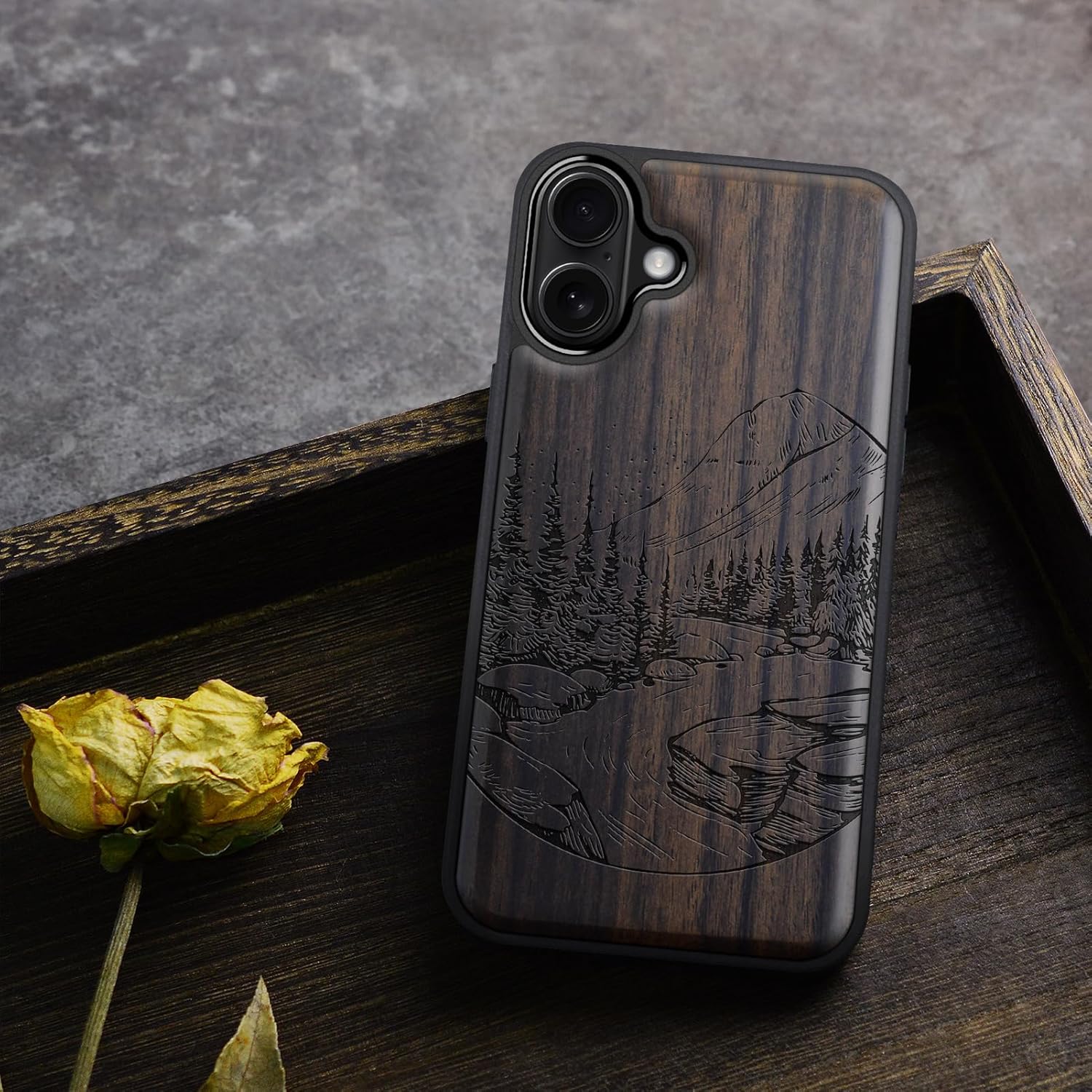 Carveit Magnetic Wooden Case for iPhone 17 Case, Wood Artisan Engraved & Black Soft TPU Shockproof Cover, Compatible with MagSafe Wireless Chargers (The Lake and Mountain Landscape) Blackwood