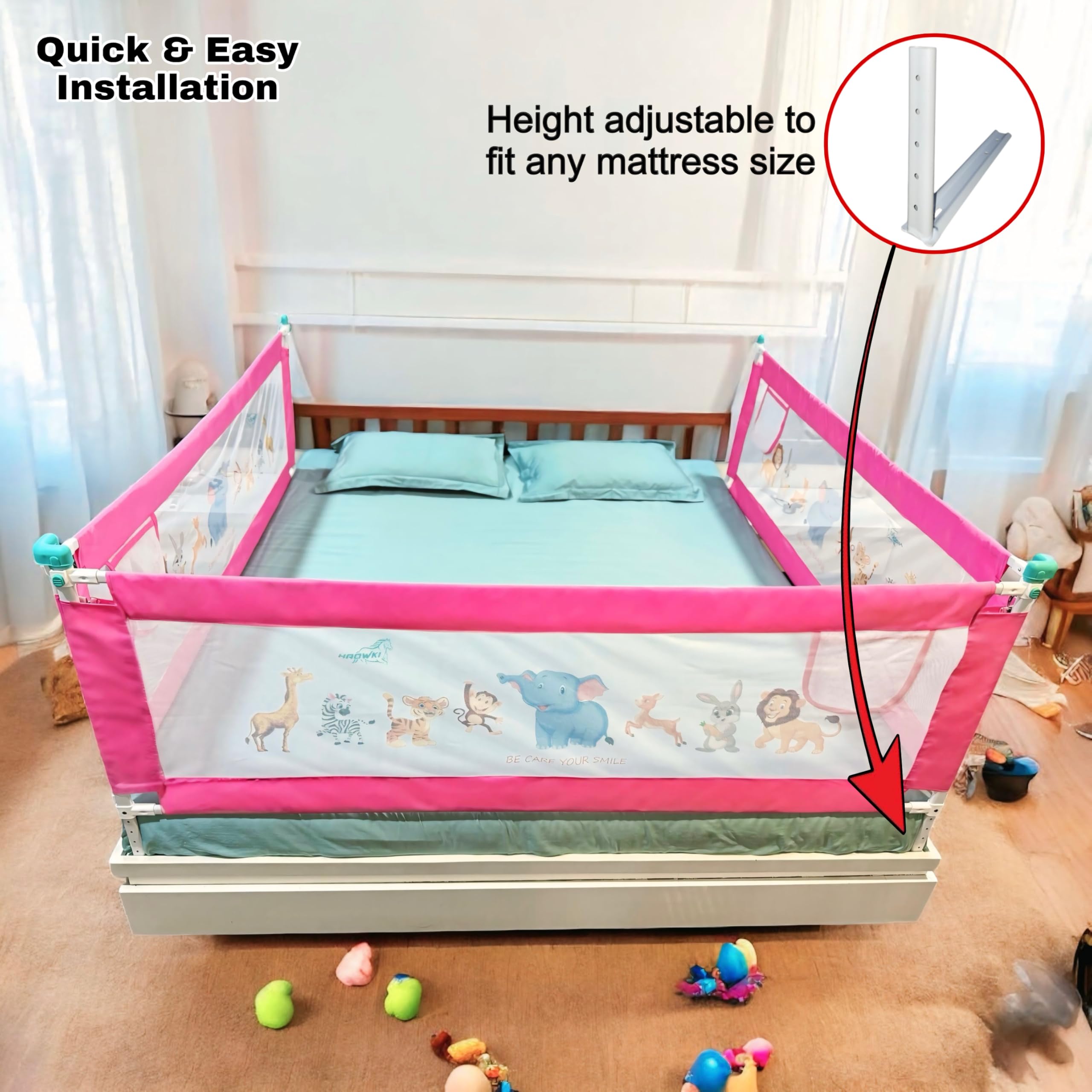HAOWKI Baby Bed Rail Guard for Kids | Foldable Safety (6ft x 2ft) Bed Fence with Animal Print | Tear-Free Mesh | Suitable for All Bed Sizes (3, Pink) - Image 2 thumbnail