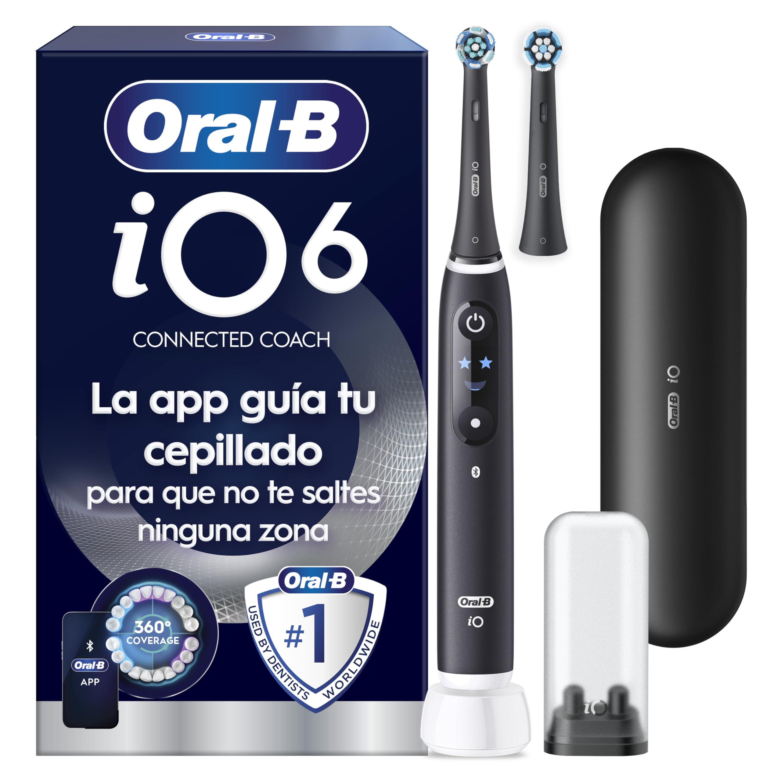 Oral-B iO 6N Cepillo de Dientes Eléctrico Negro Con Mango Recargable, 2 Cabezales y 1 Estuche de Viaje, 5 Modos De Cepillado Con Blanqueamiento Dental, Sensor De Presión, Diseñado por Braun