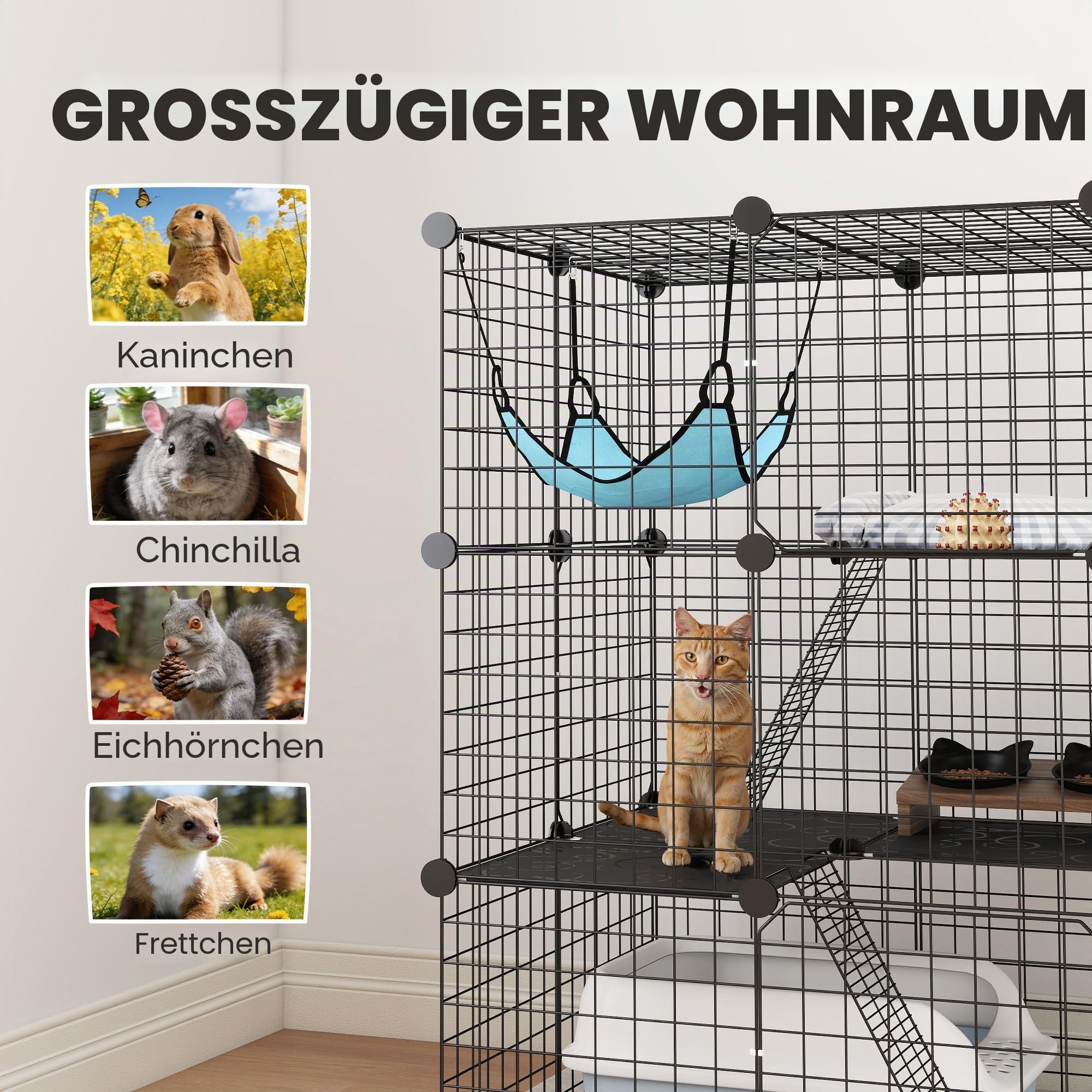 PawHut 3-stöckiger Katzenkäfig mit Hängematte, Plattform und Leitern, Haustierkäfig aus Stahl und PP, 70 x 70 x 105 cm, schwarz und blau