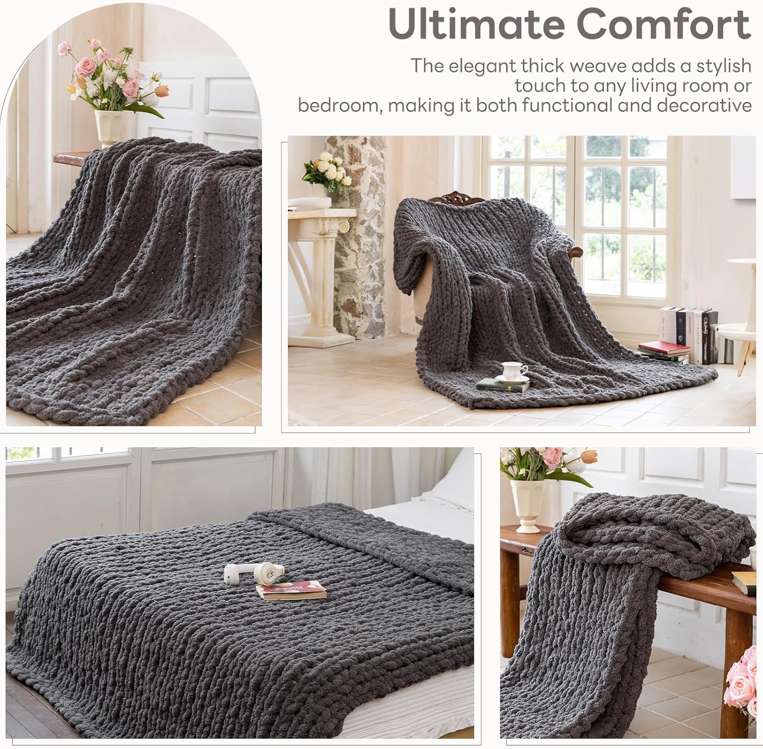Chunky Knit Blanket - Luxury Soft Cozy 50 * 60 Throw Blanket,100% Woven Blanket Rope Knot Throw Blanket for Couch, Sofa, Home Decor, Gift - Machine Washable (Black Gray, 50 * 60) - Image 5