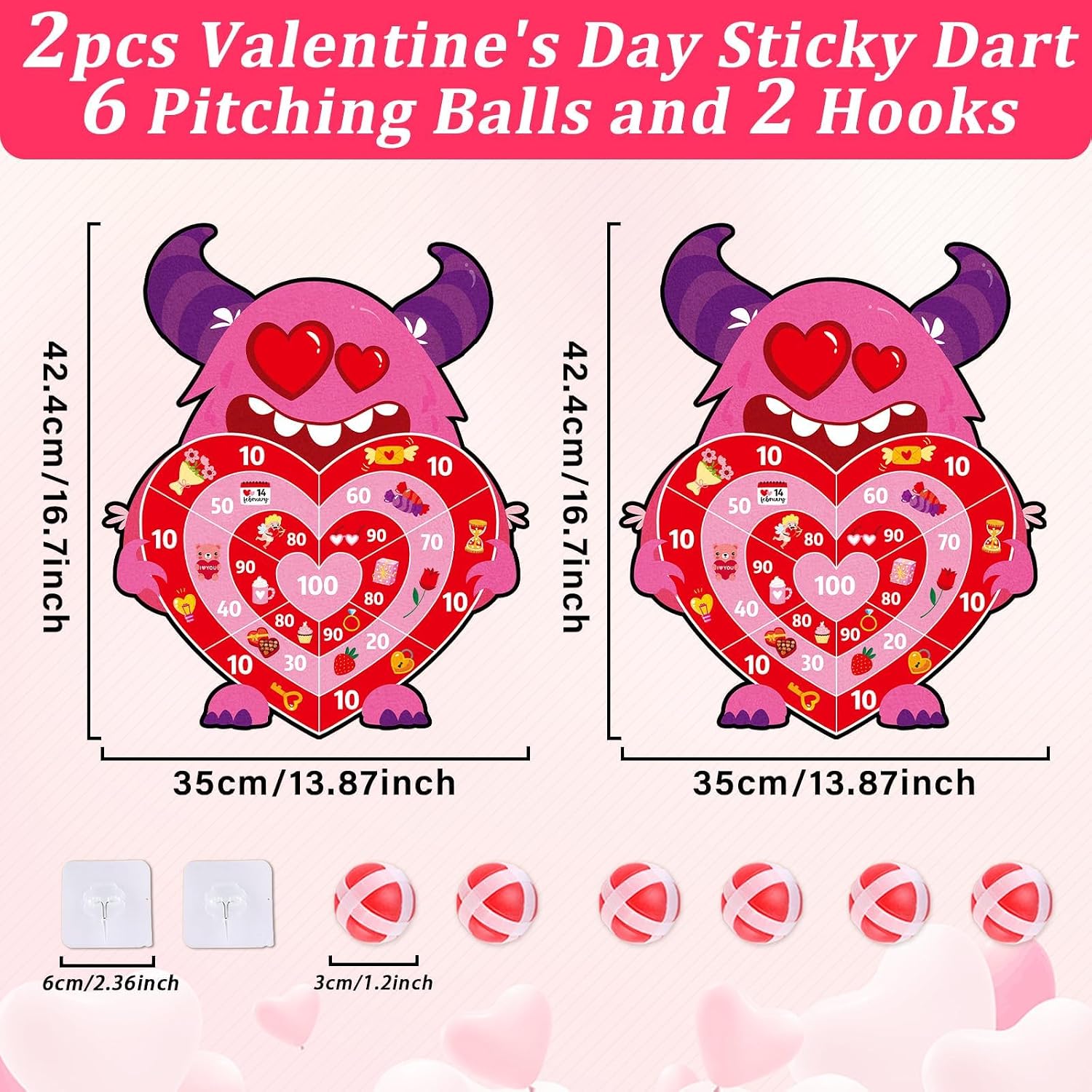 chiazllta 2Pcs Valentine's Day Dart Board Sticky Balls Toys Games Cartoon Monster Darts with 6 Sticky Balls Valentines Dart Board Game for Kids Indoor Outdoor Sports Classroom Gifts Party Games