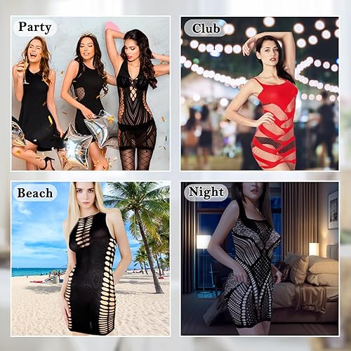 Miniatura 7 de selizo Vestido de lencería de red para mujer, body de red de pescado negro, sexy camisón de peluche travieso para mujer, medias de encaje de malla