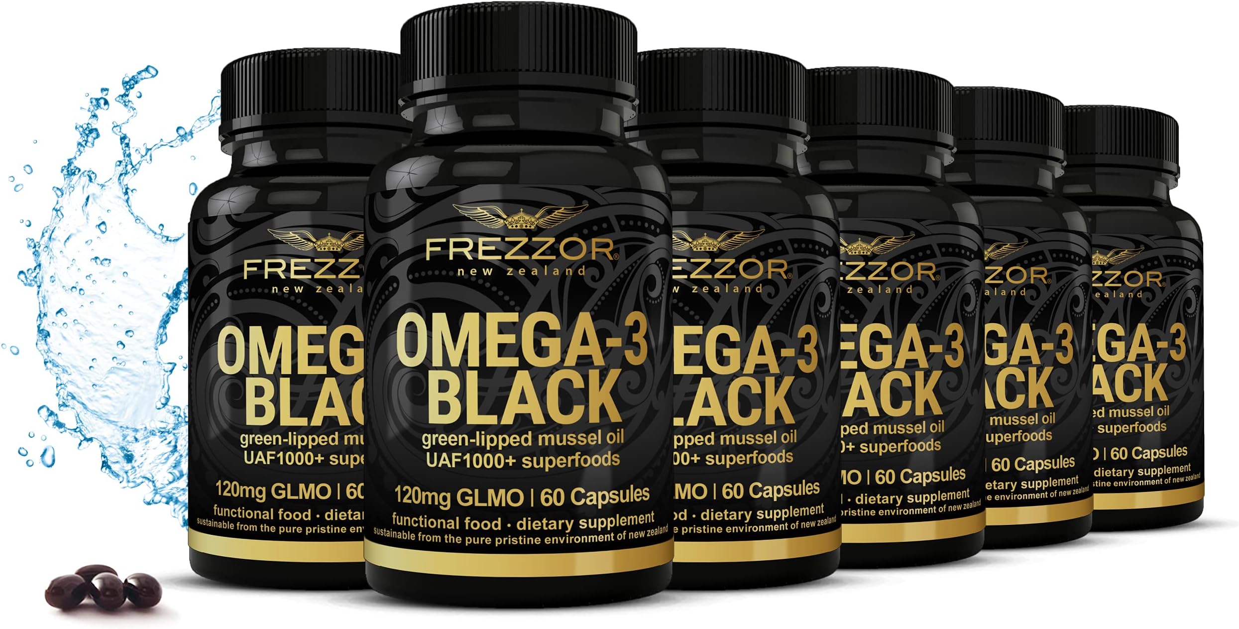 FREZZOR Omega 3 Black Health Supplement - Green lipped Mussel For Humans, Made in New Zealand, UAF1000+, Anti Inflammatory & Joint Pain Relief Supplement, No Fishy Aftertaste, 450mg, 6-Pack, 360 Count