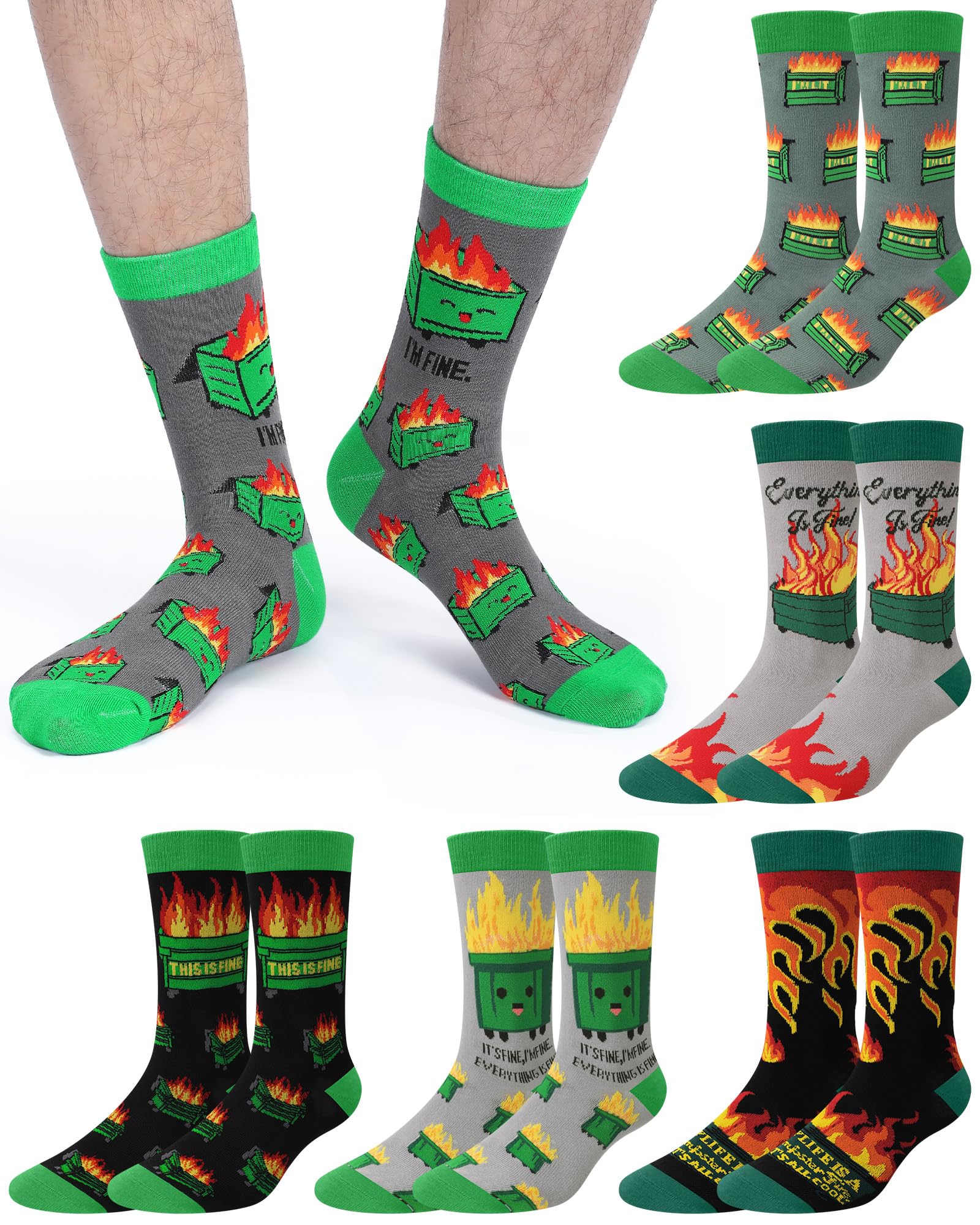 6 Pairs Funny Dumpster Fire Socks for Men Women Christmas Gag Gifts