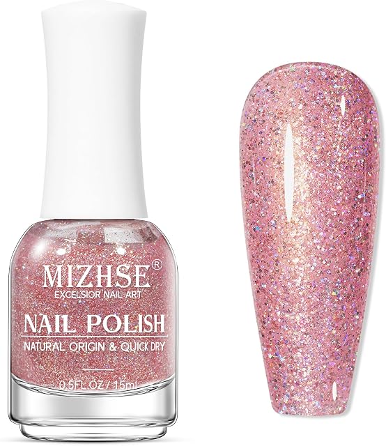 MIZHSE 15ml Glitter Pink Nail Polish Large Volume Quick Dry | Pink Nail Polish Air Drying Fast,Regular Sparkle Shimmery and Long Lasting Glitter Nail Lacquer,Nail Art Manicure DIY Home