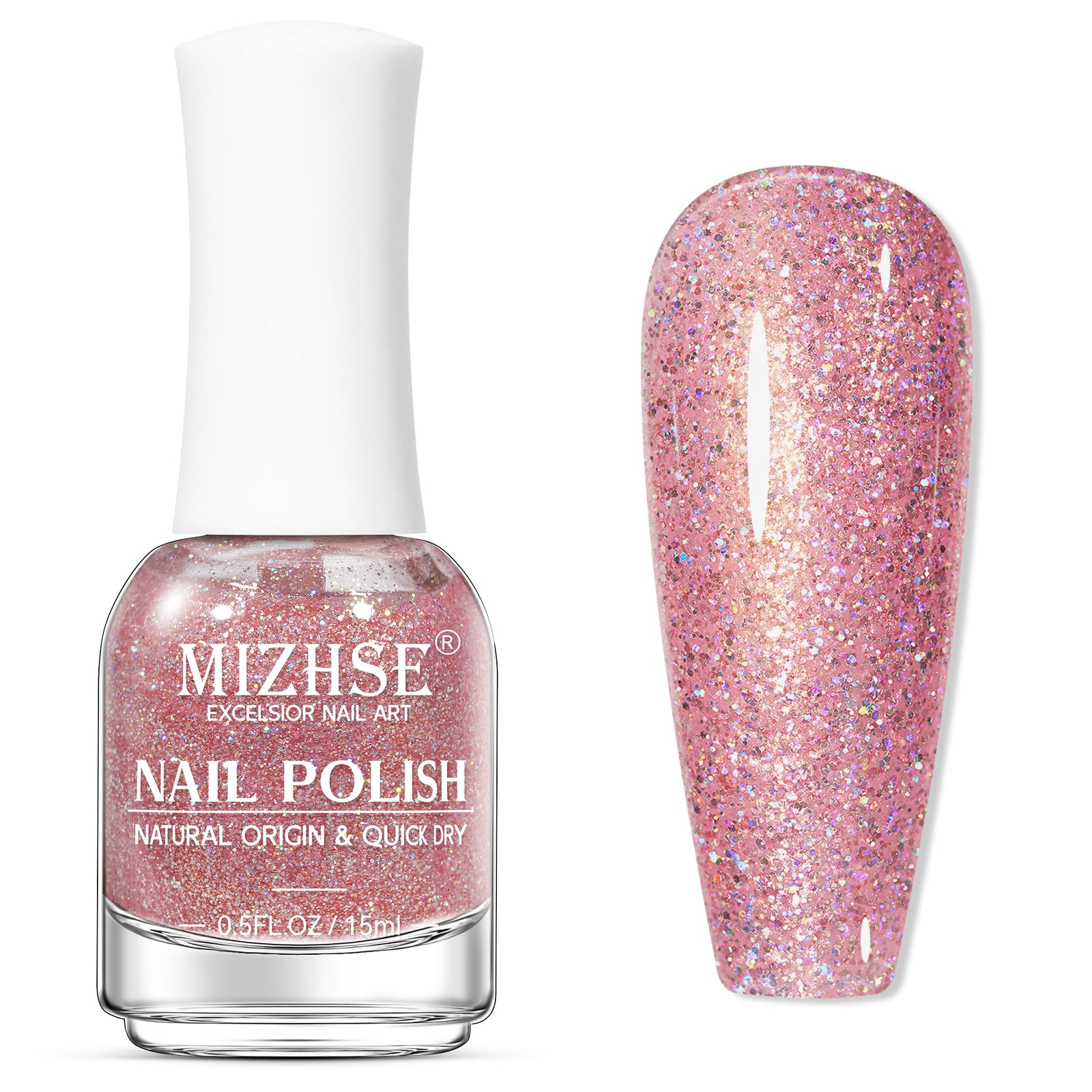 MIZHSE Quick Dry Nail Polish, Glitter Pink Nail Polish Non Gel Air Drying Fast, 15 ml Regular Sparkle Shimmery Oil-based Glitter Nail Lacquer Full Coverage Nail Art Manicure DIY Home
