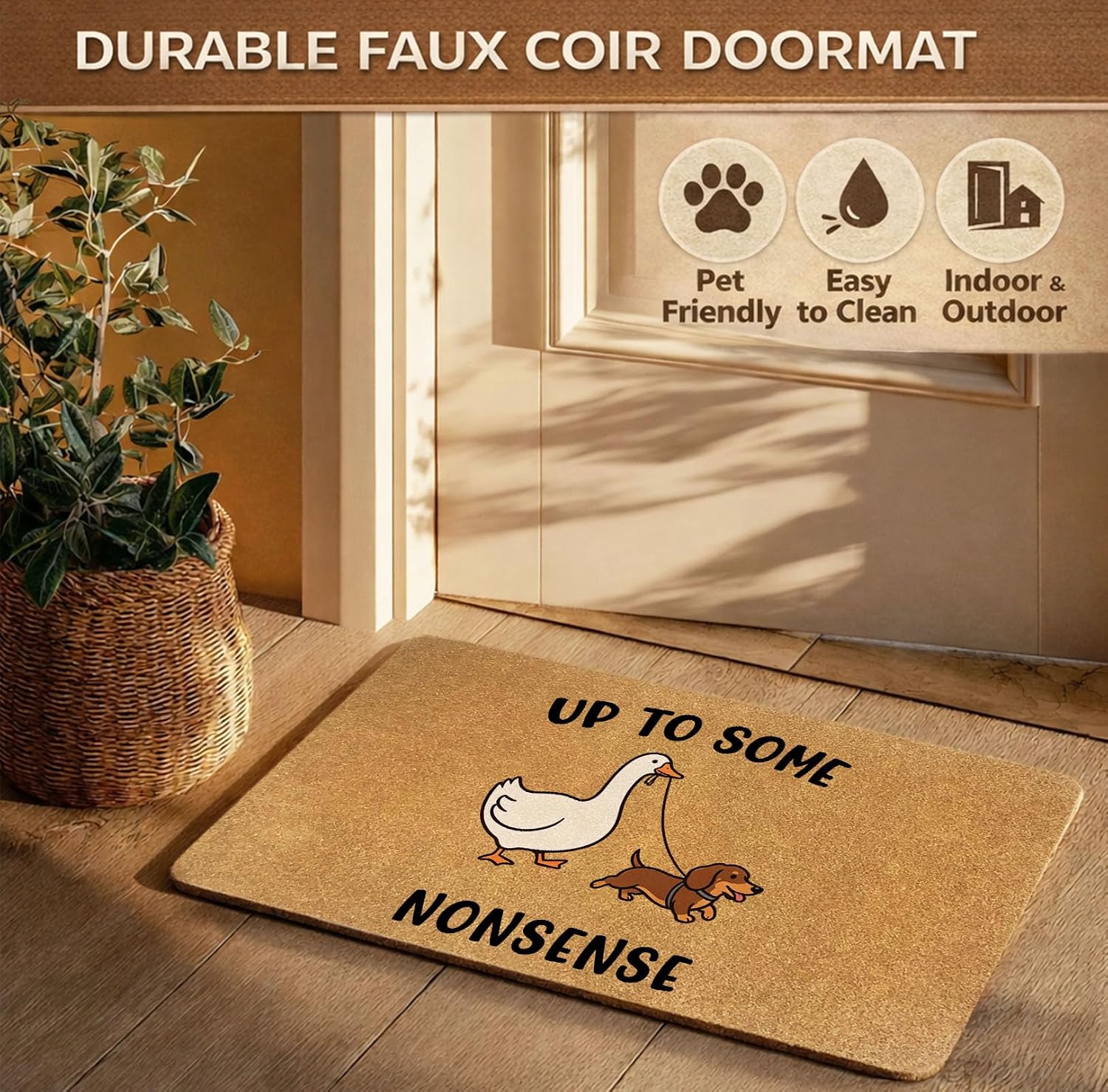 Funny White Duck Walking Dachshund Welcome Doormat, Cute Animal Quote Up to Some Nonsense Artificial Coco Coir Entry Mat, Non-Slip PVC Backing, Indoor Outdoor Porch Decor Rug, 17×30 Inch