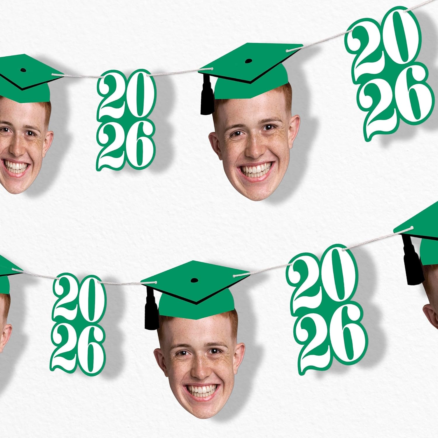 Big Dot of Happiness Custom Photo Green Graduation Garland Banner, Personalized Grad Party Decoration, Face Cutout Banner Backdrop, 30 Feet of Cord, 5 2026 Shapes & 5 Faces with Grad Caps