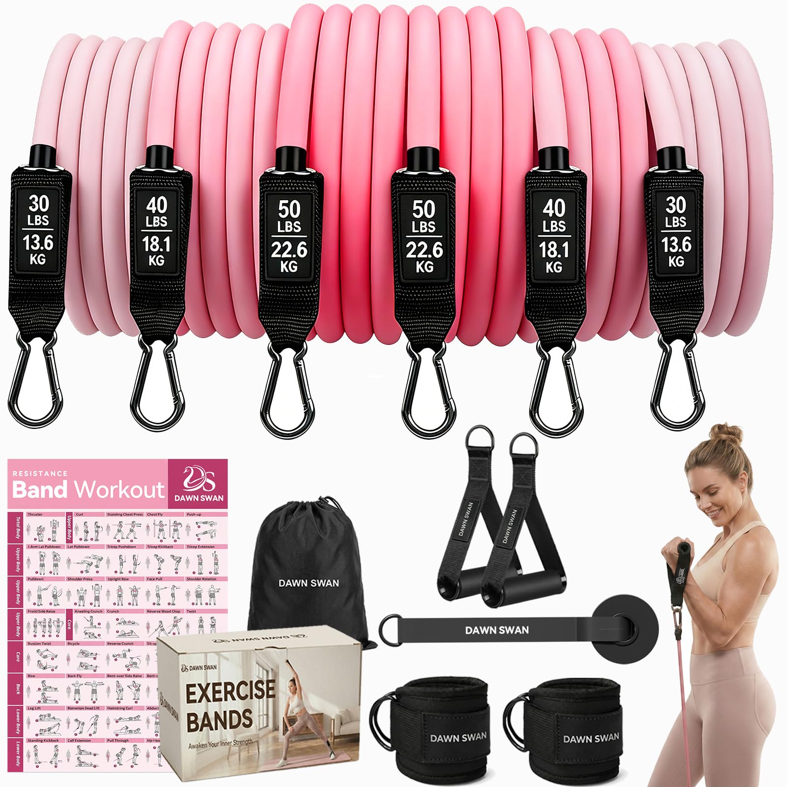 [DAWN SWAN] Resistance Bands for Working Out, Anti-Snap Exercise Bands with Handles, No-Friction Workout Bands Set for Women & Men, Gradient Color Home Gym Equipment for Strength Training&PT (Pink)