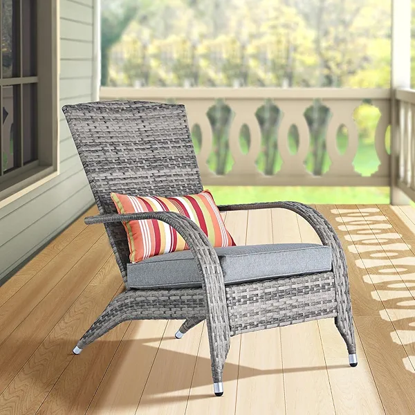 Outdoor Patio Wicker Rattan Adirondack Chair Outside Fire Pit Chairs Comfy Relax Accent Patio Chair Low Deep Seating High Back with Cushion and Pillow for Porch Deck Balcony Lawn Backyard Mixed Grey