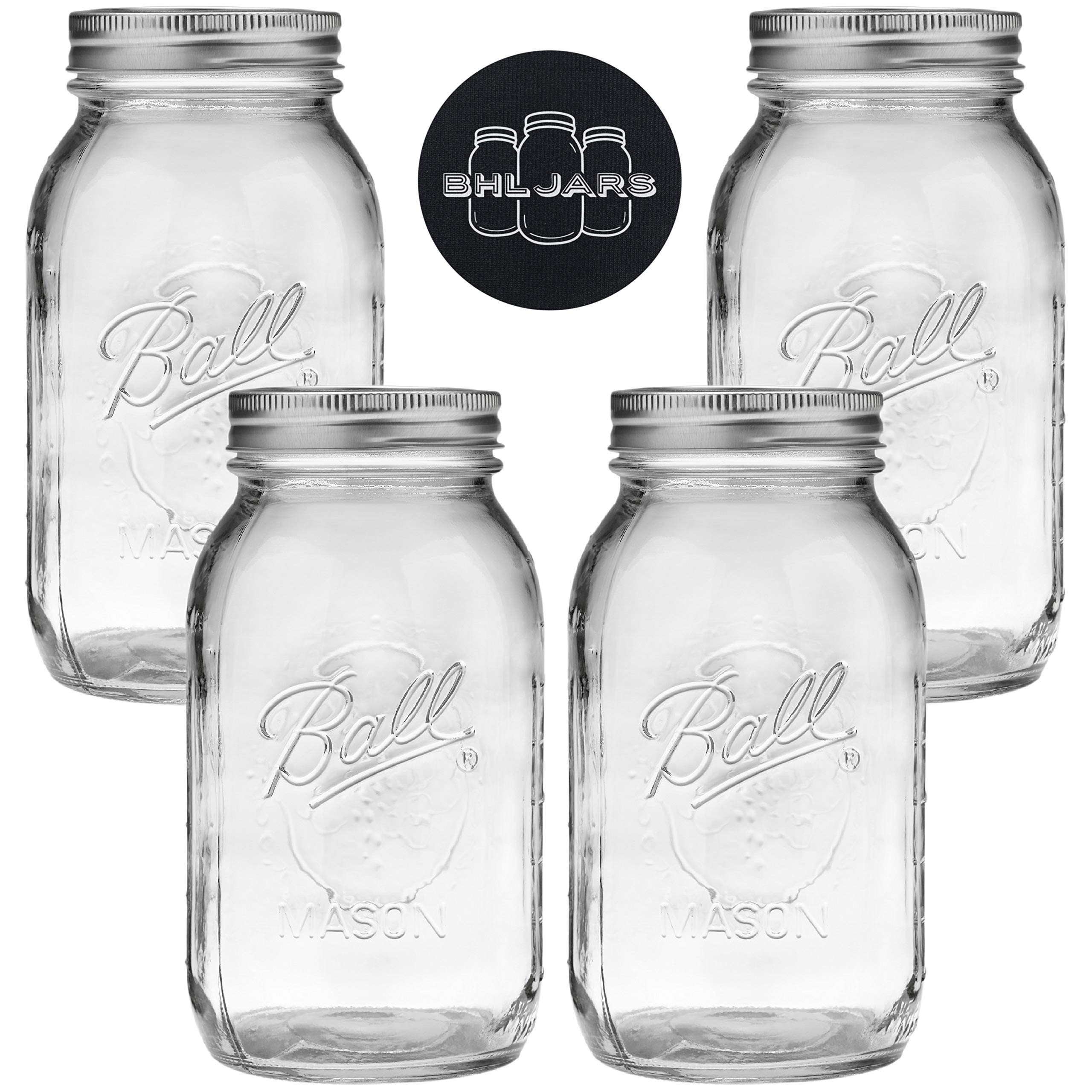 BHL JARSMason Jars Regular Mouth 32 oz Bundle with Non Slip Jar Opener brand Set of 4 Quart Size Mason Jars with Regular Mouth - Canning Glass Jars with Lids, Heritage Collection