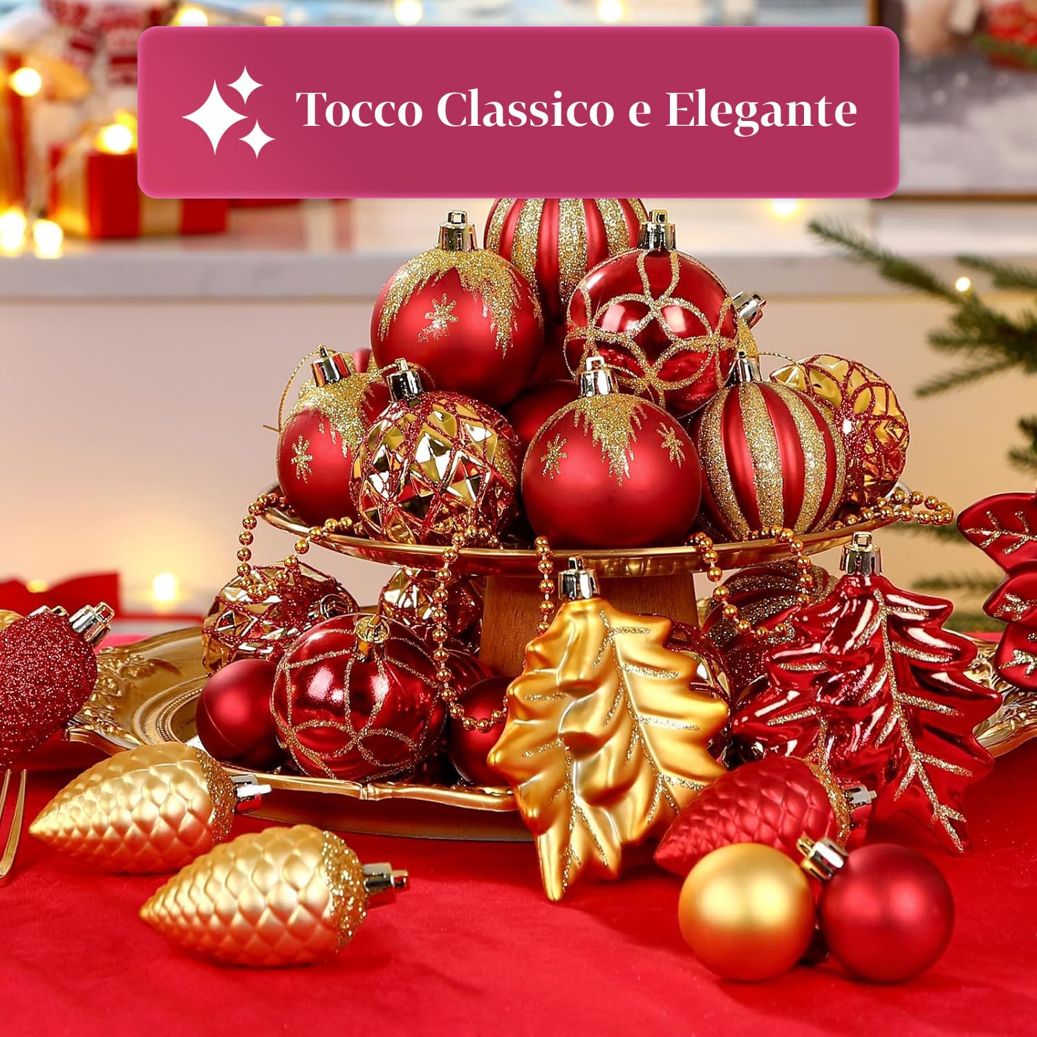 Wintem Lot de 106 décorations d'arbre de Noël en Rouge et Or avec balles, Fleurs et étoiles incassables pour décorations de Noël coordonnées, faciles à accrocher et à réutiliser