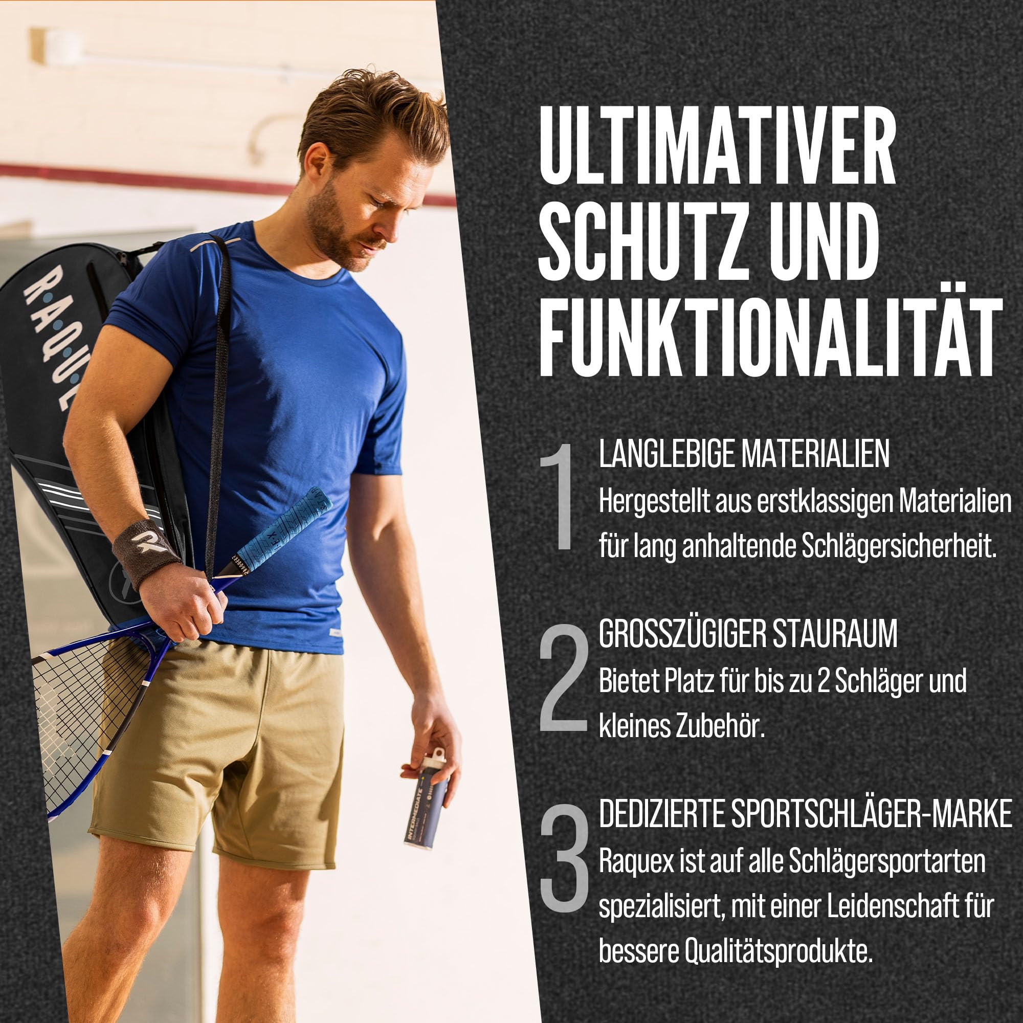 Raquex Tennisschlägertasche - Blau oder Schwarz - Tennisschläger-Tasche, Squash- & Badmintonschlägertasche für 2 Schläger & Zubehör mit Schultergurt