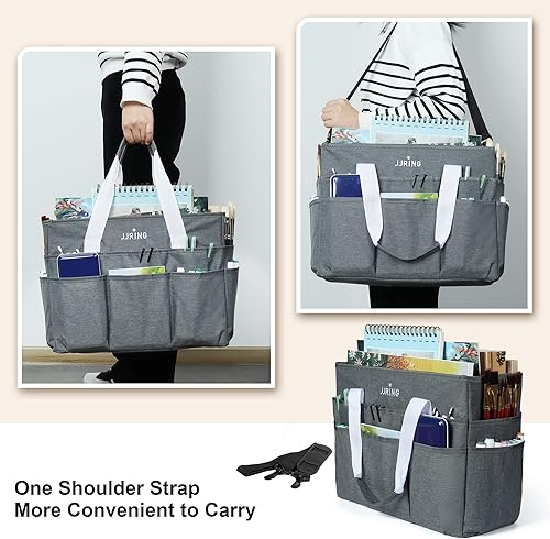 Miniatura 5 de JJRING Bolsa organizadora de manualidades, organizador de arte grande con múltiples bolsillos, bolsa de costura gris para arte, manualidades,