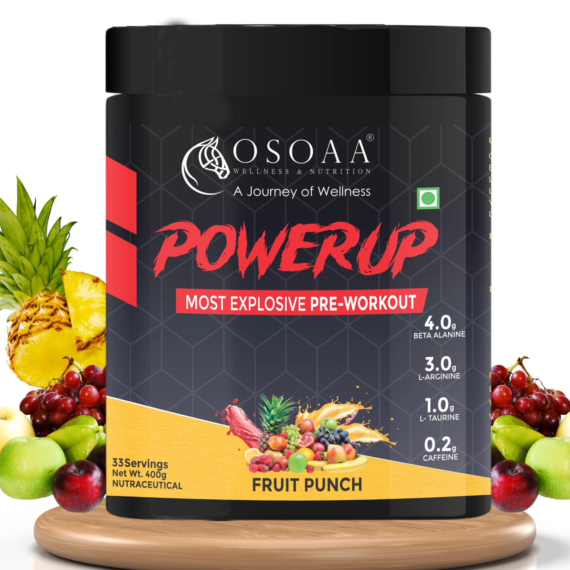 OSOAA Power Up Pre Workout Supplement - 400g, Fruit Punch | 200mg Caffeine, 1000mg L-Arginine, 4000mg Beta Alanine, 1500mg Citrulline Malate | Muscle Pump & Performance
