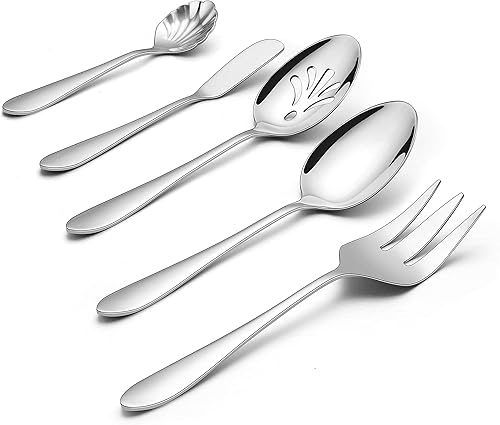 LIANYU Utensilios de servir, 5 piezas de acero inoxidable anfitriona cubiertos cubiertos juego de porción, acabado espejo, apto para lavavajillas