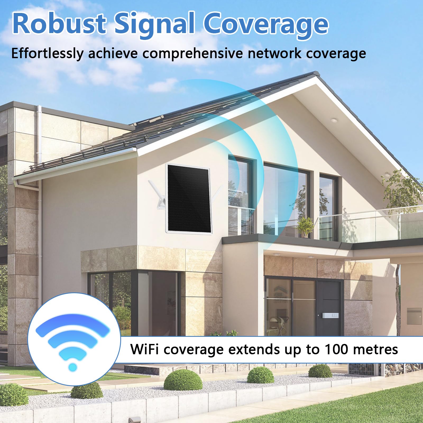 Repeteur WiFi Solaire, Amplificateur de Signal WiFi sans Fil Étanche IP65, 2.4GHz Wi-FI 300Mbps, Rayon de Couverture Jusqu'à 100 Mètres, 20 000 mAh, pour Jardin, Patio, Camping