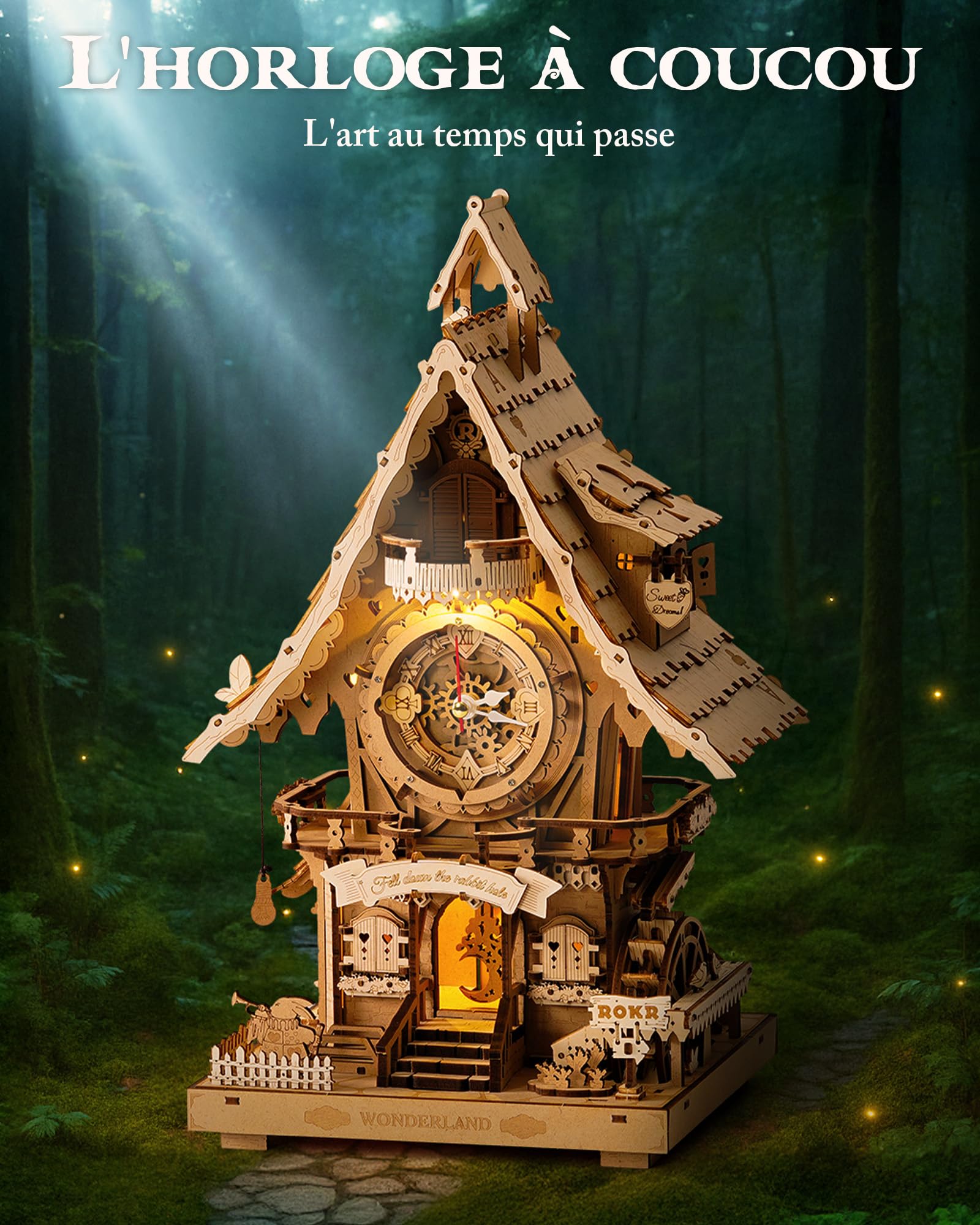 ROKR Puzzle 3D Horloge à Coucou, Maquette en Bois a Construire Kits de Maquettes, Puzzle 3D Cadeaux Artisanaux et décoration pour Adultes, Cuckoo Clock Couleur du Bois, LC901